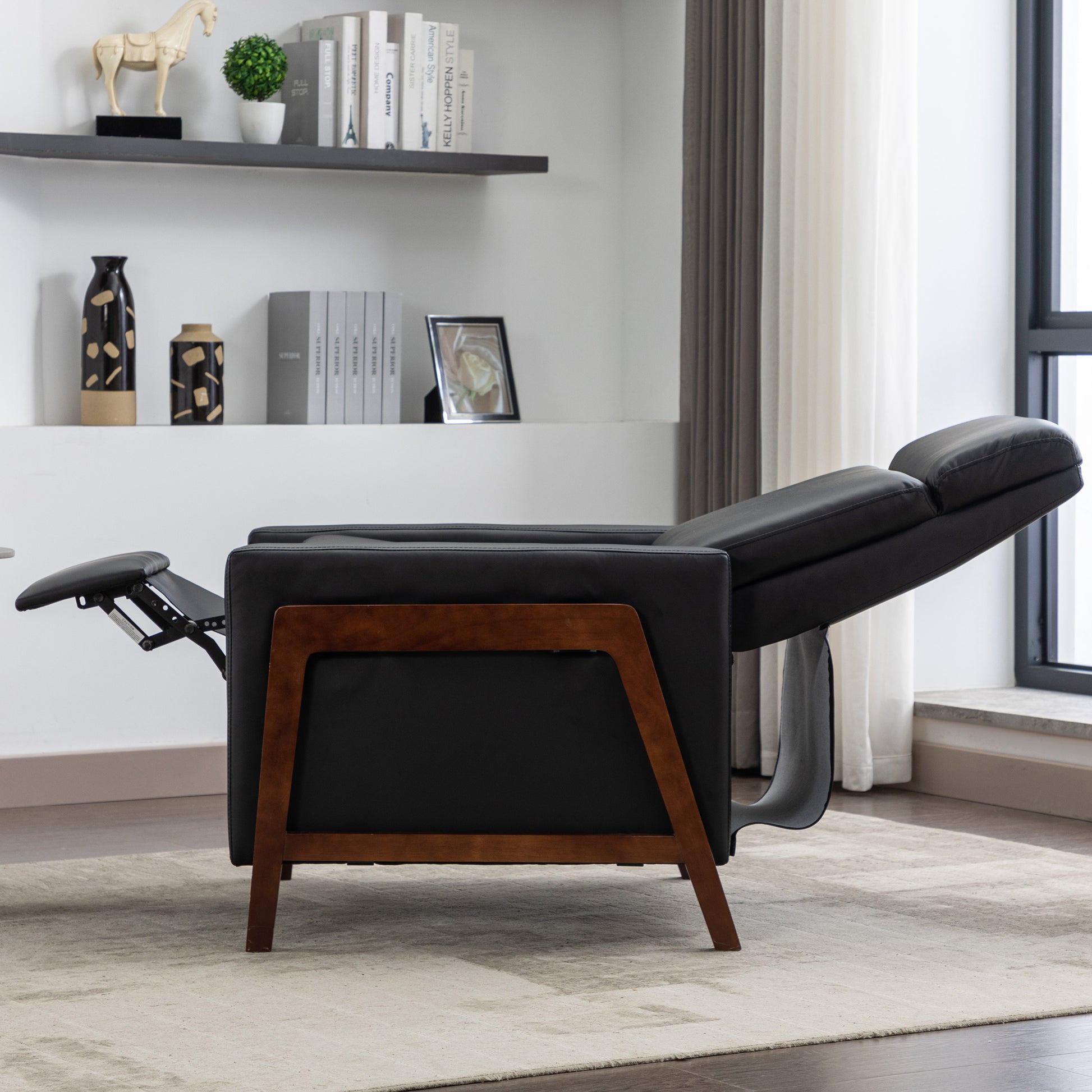 Set Of Two Wood Framed Pu Leather Recliner Chair Adjustable Home Theater Seating With Thick Seat Cushion And Backrest Modern Living Room Recliners, Black Black Pu Pu