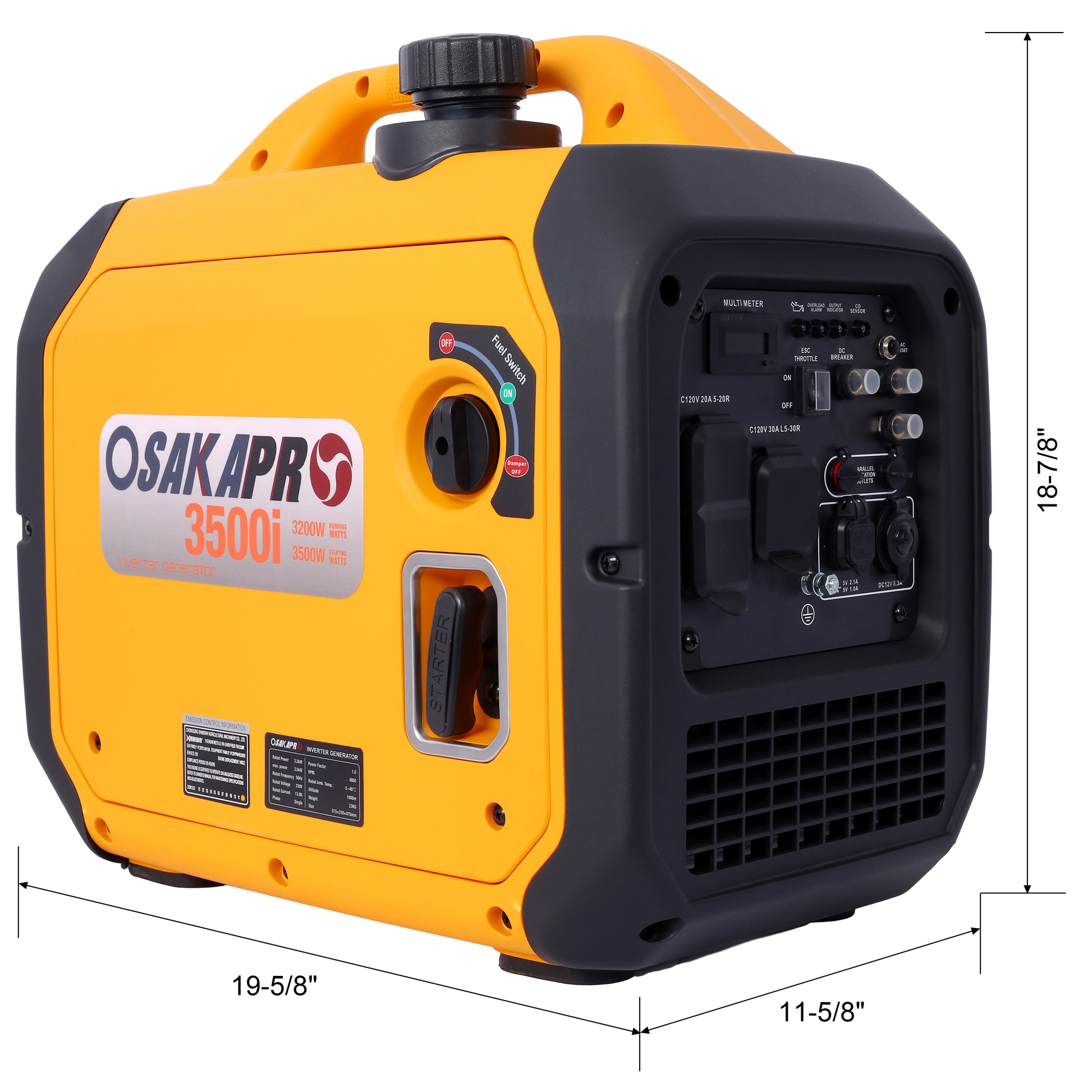 3500 Watt Portable Inverter Generator Gas Powered, Epa Compliant With Co Sensor, Compact And Lightweight For Home Backup Power, Outdoor Camping, Rv And Trailer Yellow Aluminium