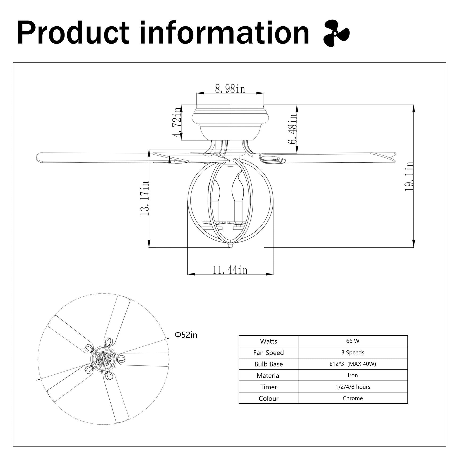 5 Blade 52 Inch Chrome Ceiling Fan With 3 Light No Include Bulb Chandelier Remote Controlled Chrome American Design,American Traditional,Farmhouse,Rustic,Vintage Plywood Iron