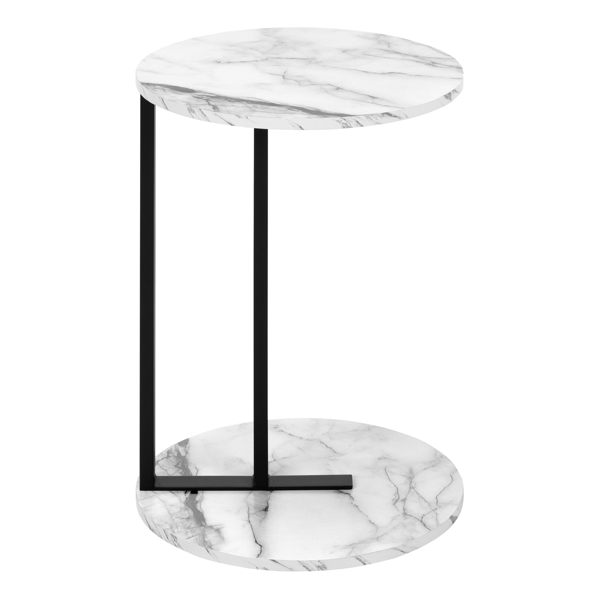 Accent Table, Side, Round, End, Nightstand, Lamp, Living Room, Bedroom, White Marble Look Laminate, Black Metal, Contemporary, Modern White Metal