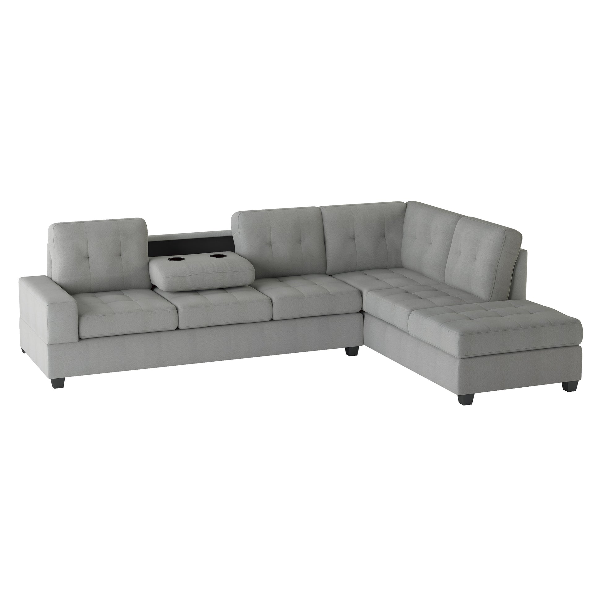 Modern Living Room 2 Piece Reversible Sectional With Drop Down Cup Holders Sofa Chaise Gray Microfiber Upholstered Tufted Details Gray Microfiber Wood Primary Living Space Modern L Shaped Plywood,Solid Wood 6 Seat