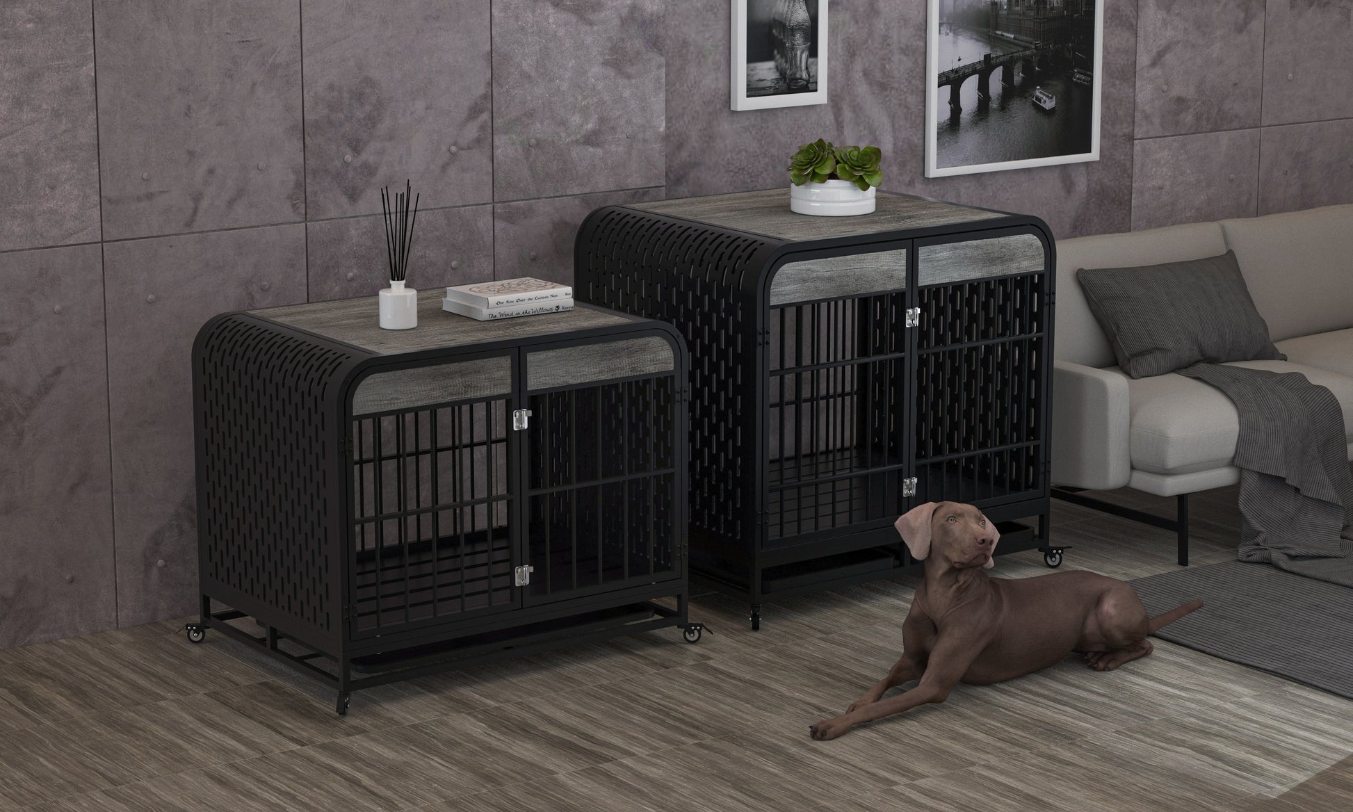 Heavy Duty Dog Crate Furniture Wooden Table Pet Dog Cage Kennel House Indoor Side End Table Decor With Removable Trays And Lockable Wheels For Medium And Large Dogs 42" Grey Grey Outdoor Kennel Large 41 70 Lbs Mdf Steel