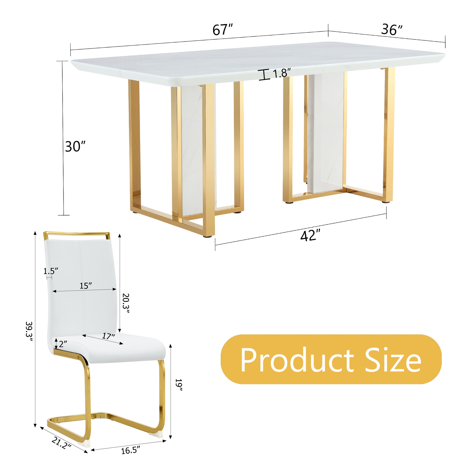 Table And Chair Set.67"X36" White Marble Pattern Mdf Dining Table Set With 8 White Pu Chairs.Mdf Sticker,White Marble Pattern Sticker,Gold C Tube Chair Legs,Suitable For Kitchen,Dining Room,Etc.