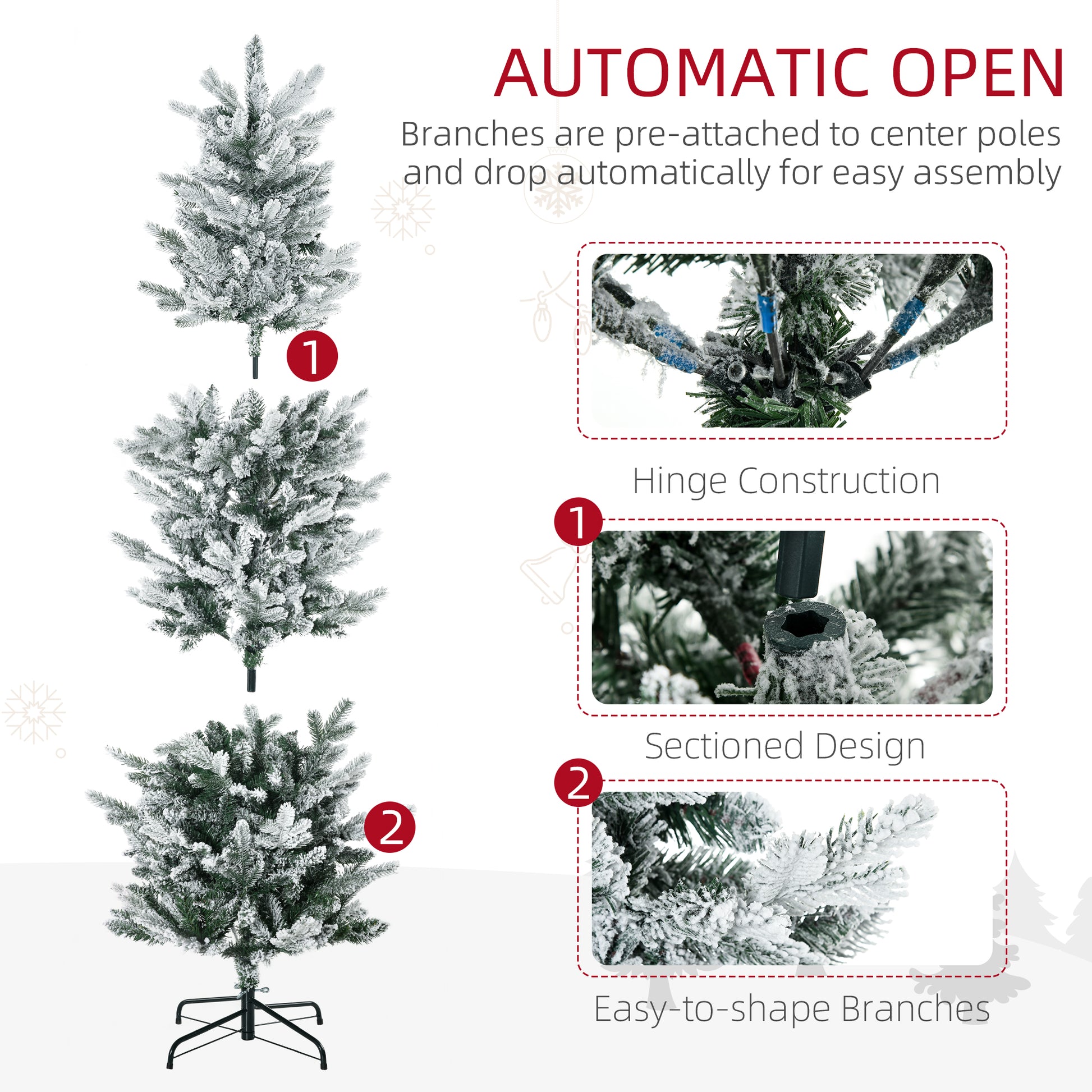 Homcom 6Ft Tall Flocked Artificial Christmas Tree Holiday D Cor With 477 Snow Branches, Auto Open, Steel Base, Green Green Plastic