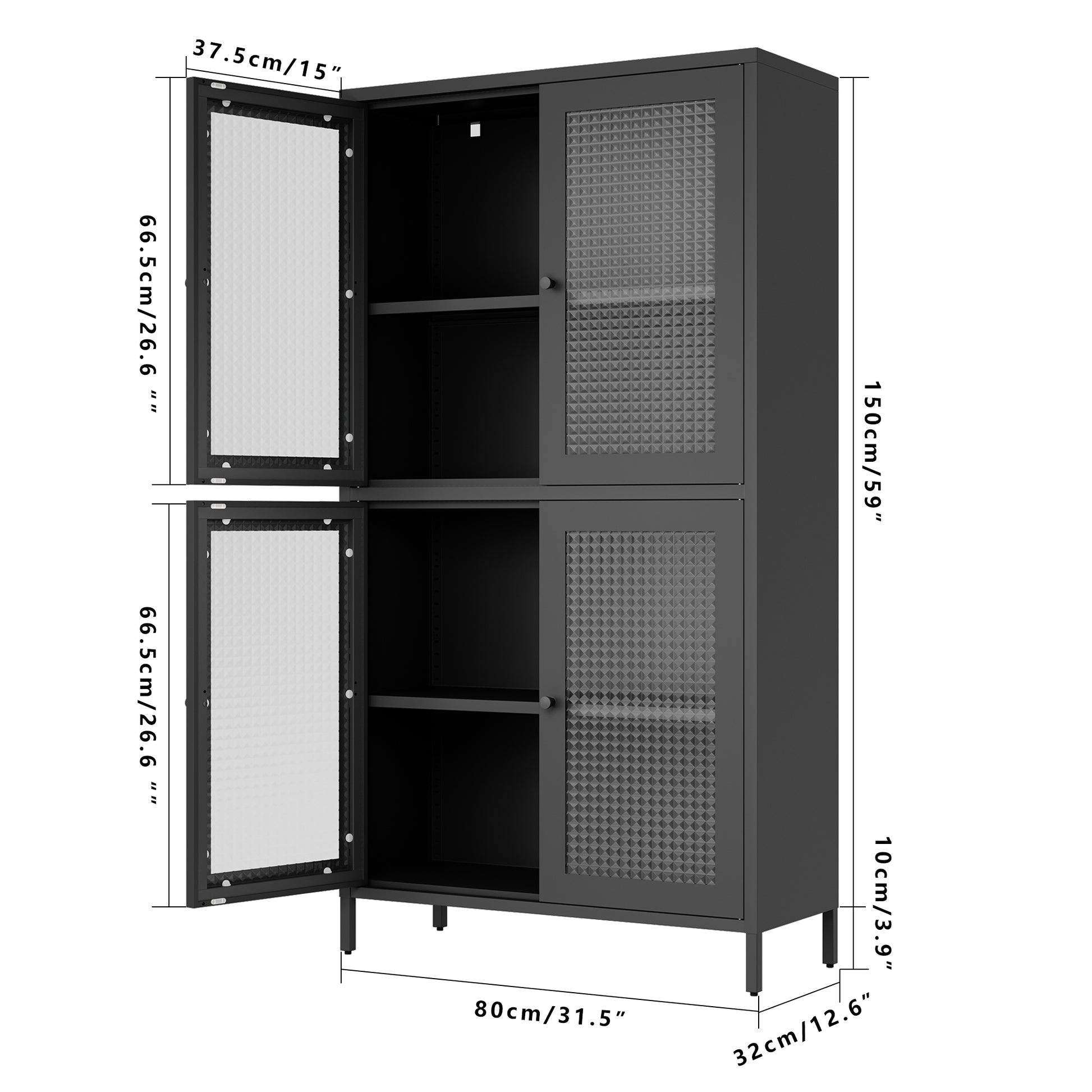 Classic Metal Storage Cabinet Display Cabinet With 4 Glass Doors 4 Shelves Cabinet Bookcase Side Cabinet For Home Office Living Room Kitchen Hallway Black, Waffle Grids Tempered Glass Freestanding 3 4 Shelves Black Office Glass Doors Classic Steel