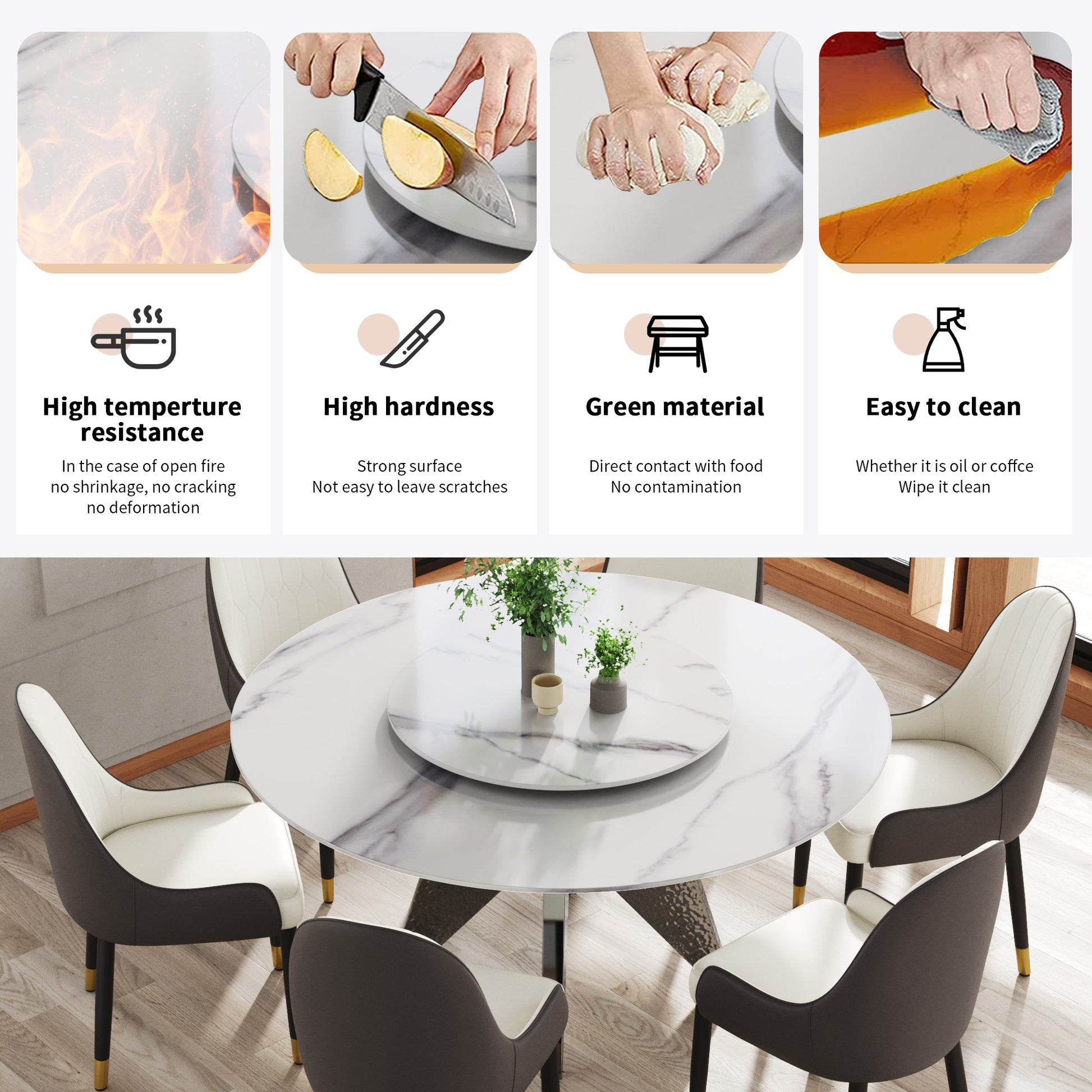 59.05" Round Marble Dining Table With Silver Stainless Steel Design Base, Artificial Marble For 6 8 People, 31.5"White Artificial Stone Turntable,White Dining Table Only Silver,White Dining Room