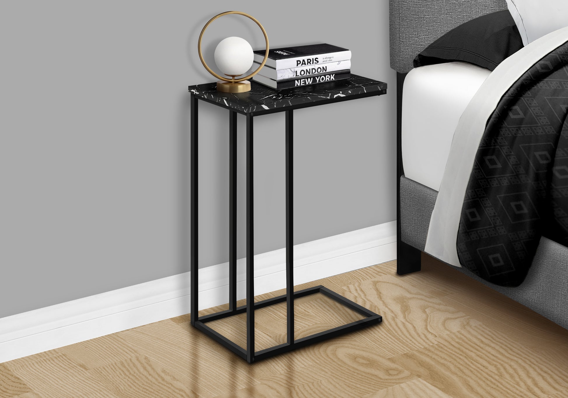 Accent Table, C Shaped, End, Side, Snack, Living Room, Bedroom, Black Marble Look Laminate, Black Metal, Contemporary, Modern Black Particle Board