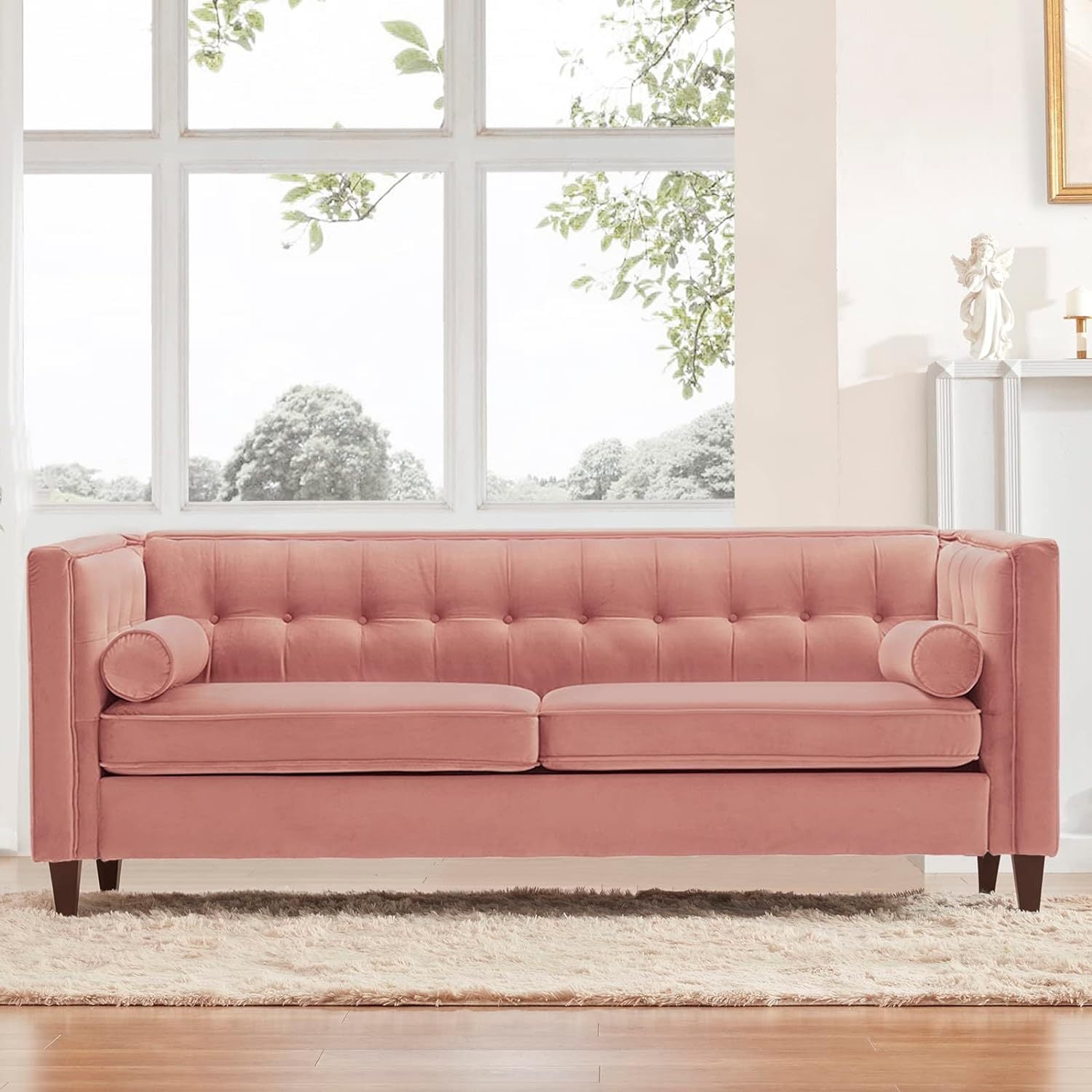 Dreamsir 78'' W Velvet Sofa, Mid Century Beautiful Seats Sofa Furniture With Bolster Pillows, Button Tufted Couch For Living Room, Tool Free Assembly Sofa, Pink Light Brown Wood Primary Living Space Heavy Duty Acacia 3 Seat Pink Velvet Soft Cushion Back