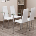 Table And Chair Set.Rectangular Dining Table With Tempered Glass Tabletop And Silver Plating Metal Legs.Paired With 4 Checkered Armless High Back White Chairs With Electroplated Metal Legs. White Seats 4 Glass Metal