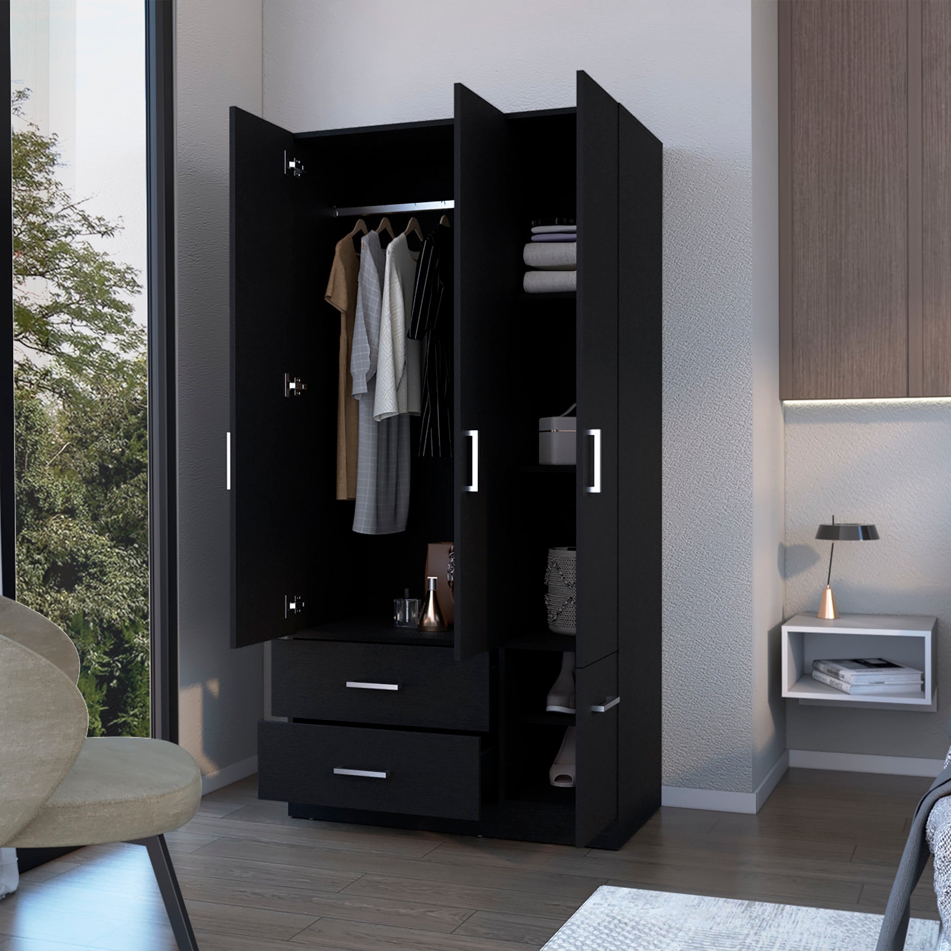 Douglas Armoire In Melamine, Two Drawers, Hanging Rod And 4 Doors. Black Bedroom Contemporary Particle Board Melamine