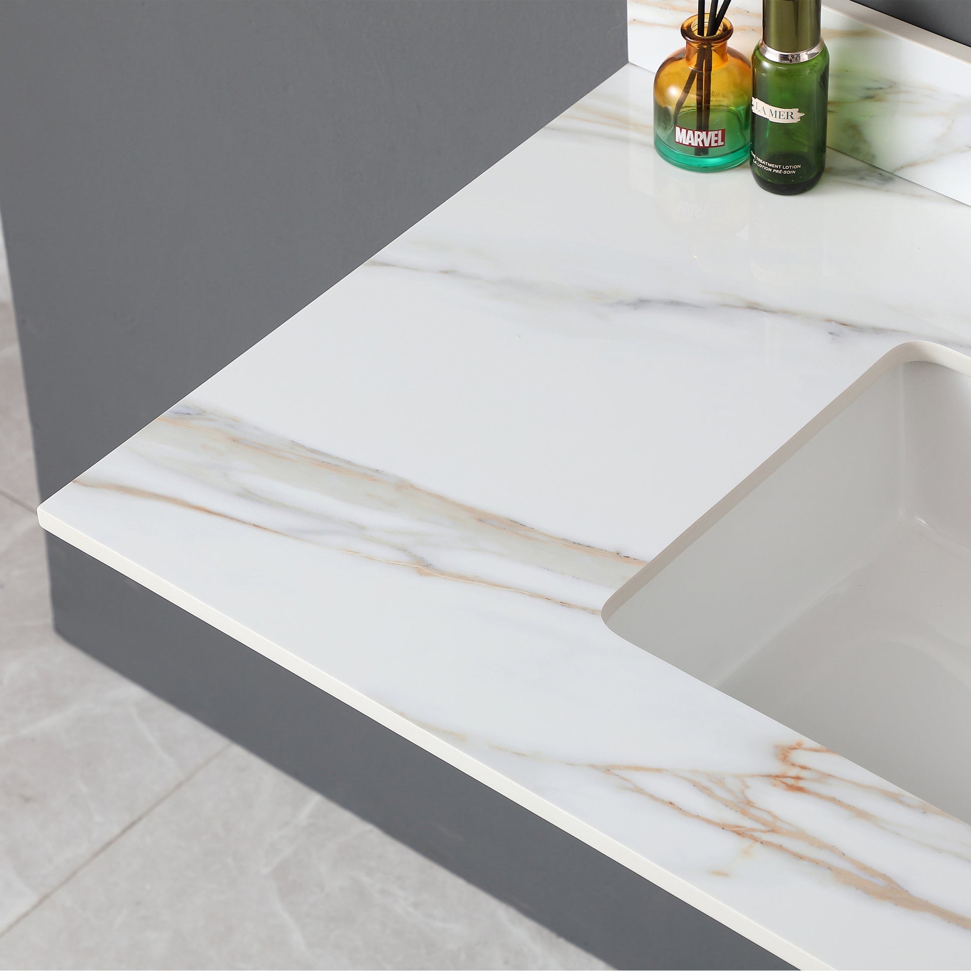 43 Inch Marble Vanity Top, Bathroom Vanity Top With Undermount Rectangular Middle Sink And 4" Height Backsplash, Pre Drilled 8 Inch Faucet Hole Spread Vanity Top, Carrara White With Veins White Marble Bathroom American Design Sintered Stone Sintered