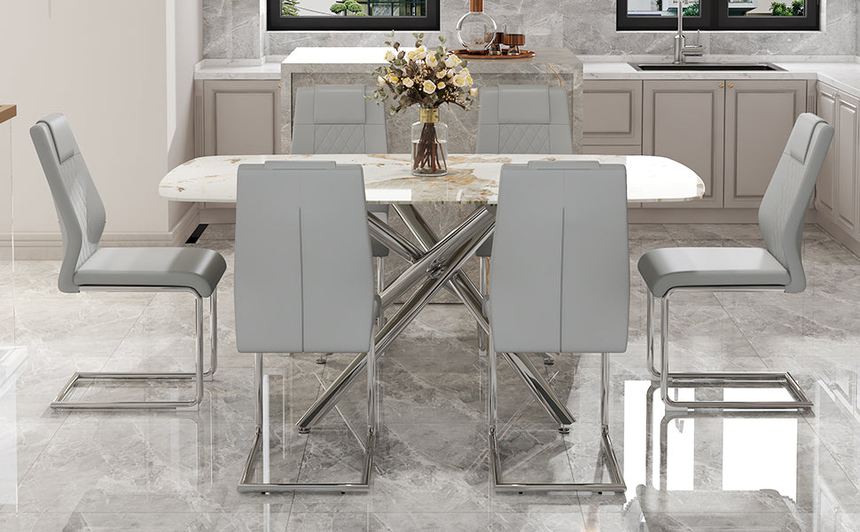 Table And Chair Set, Large Modern Minimalist Rectangular Dining Table, 0.39 "Imitation Marble Tabletop And Silver Metal Legs, Soft Leather Seats. F 1537 Silver Glass Metal