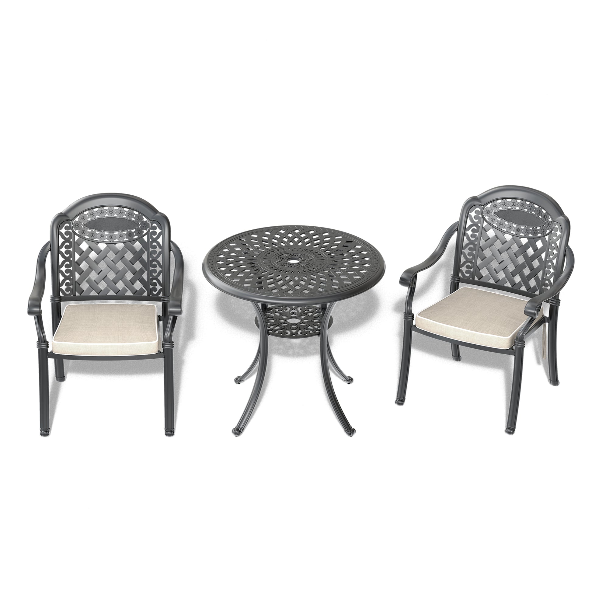 Cushions In Random Colors 3 Piece Set Of Cast Aluminum Patio Furniture With Cushions Yes Dining Set Black Seats 2 Rust Resistant Frame Water Resistant Cushion Garden & Outdoor Complete Patio Sets Aluminium