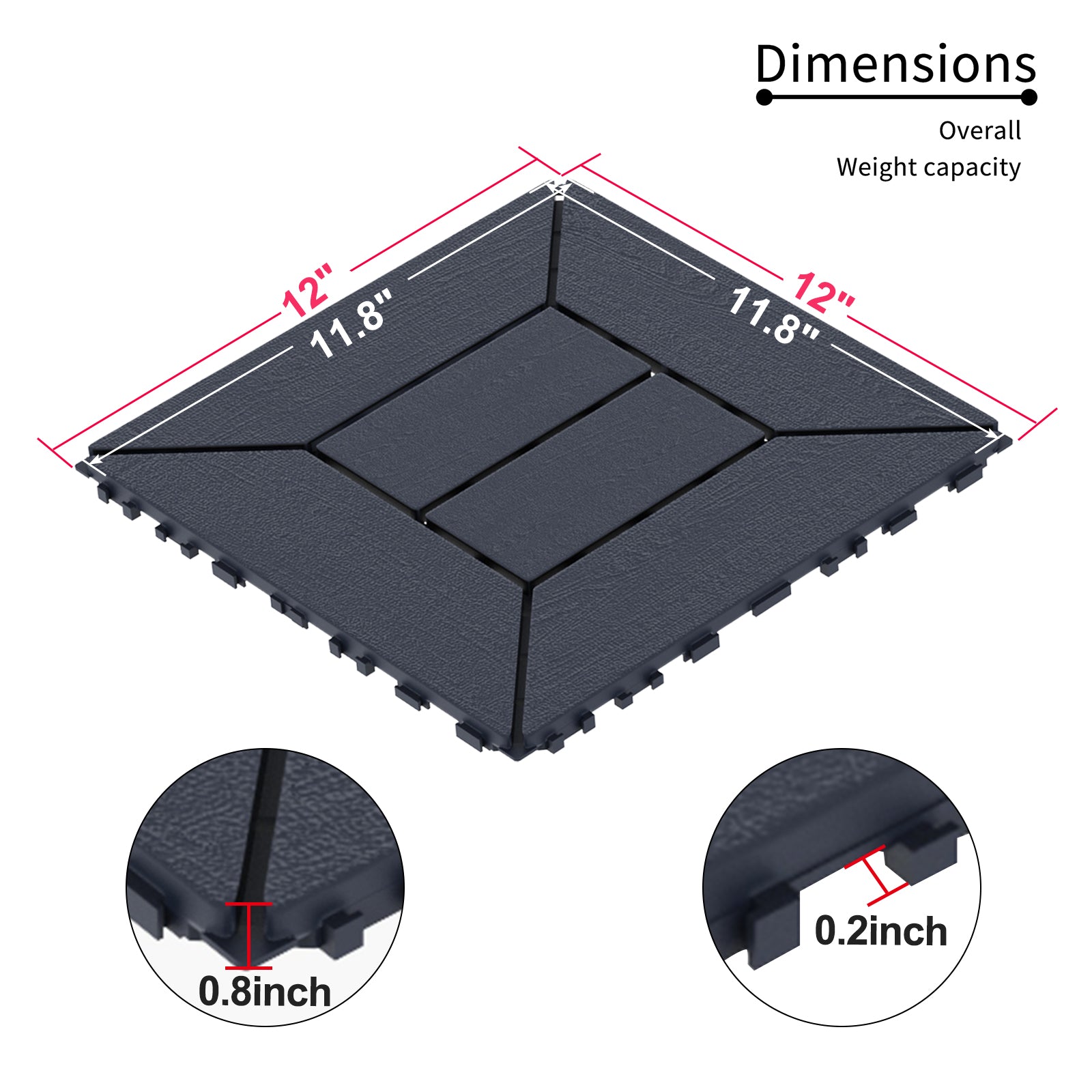 Style 12" Patio Deck Tiles, Diy Module Interlocking Decking Tiles Floor Tile,Easy And Quick Installation Court Tiles For Porch Poolside Balcony Backyard 44Pcs Dark Gray Grey Polypropylene