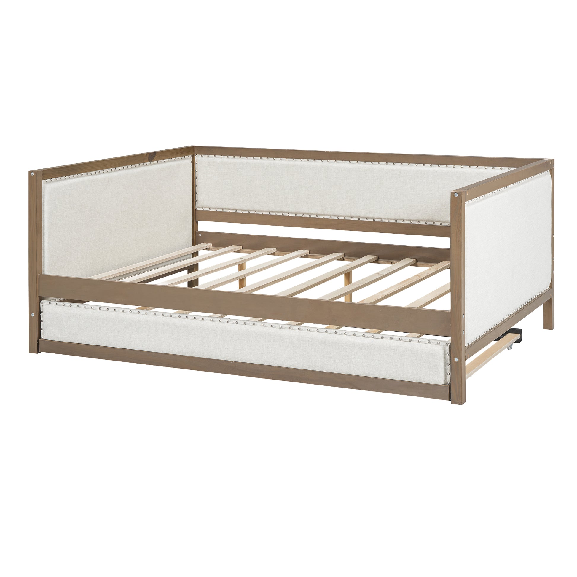 Full Size Upholstered Daybed With Trundle And Decoration, Wood Color Box Spring Not Required Full Wood Wood Daybeds Linen Upholstered