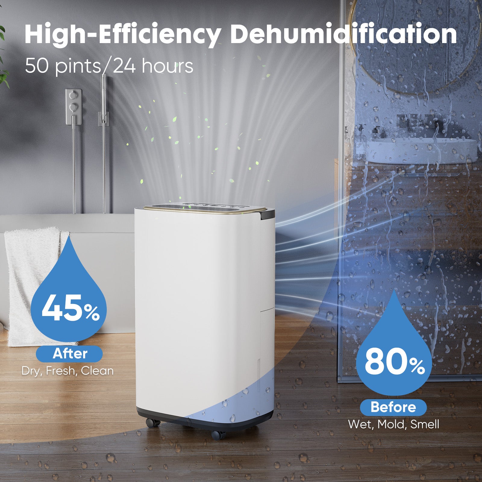 Dehumidifier For Basement With Drain Hose, 50 Pint Portable Dehumidifiers For Home Bedroom Bathroom Large Room, Powerful Moisture Removal And Humidity Control,6L White Iron Plastic