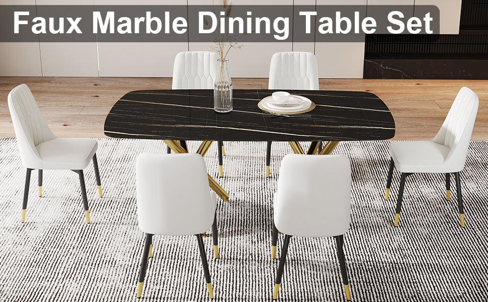 Large Modern Minimalist Rectangular Dining Table With 0.39 "Imitation Marble Black Desktop And Gold Metal Legs, Paired With 6 Chairs With Pu Cushions And Black Metal Legs.F 1538 C 007 Black Gold Glass Metal