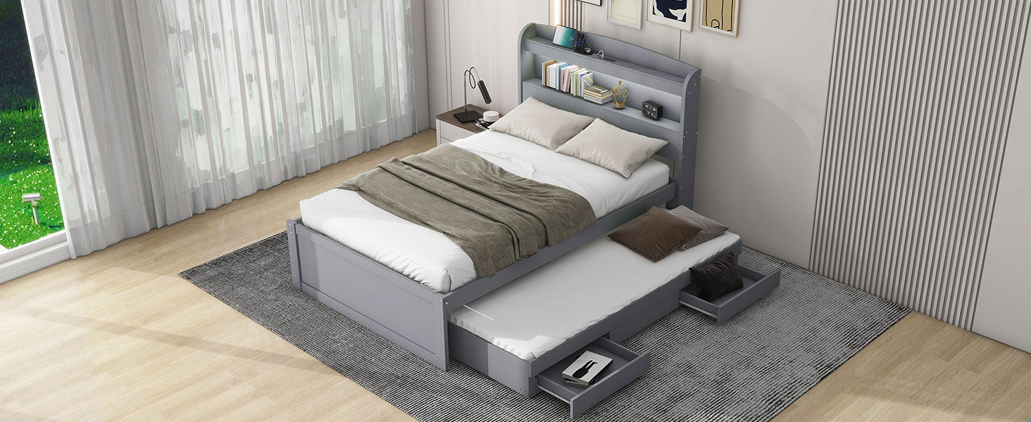 Twin Xl Size Platform Bed With Storage Led Headboard, Charging Station, Twin Size Trundle And 2 Drawers, Gray Box Spring Not Required Twin Xl Gray Wood Bedroom Bed Frame Solid Wood Mdf