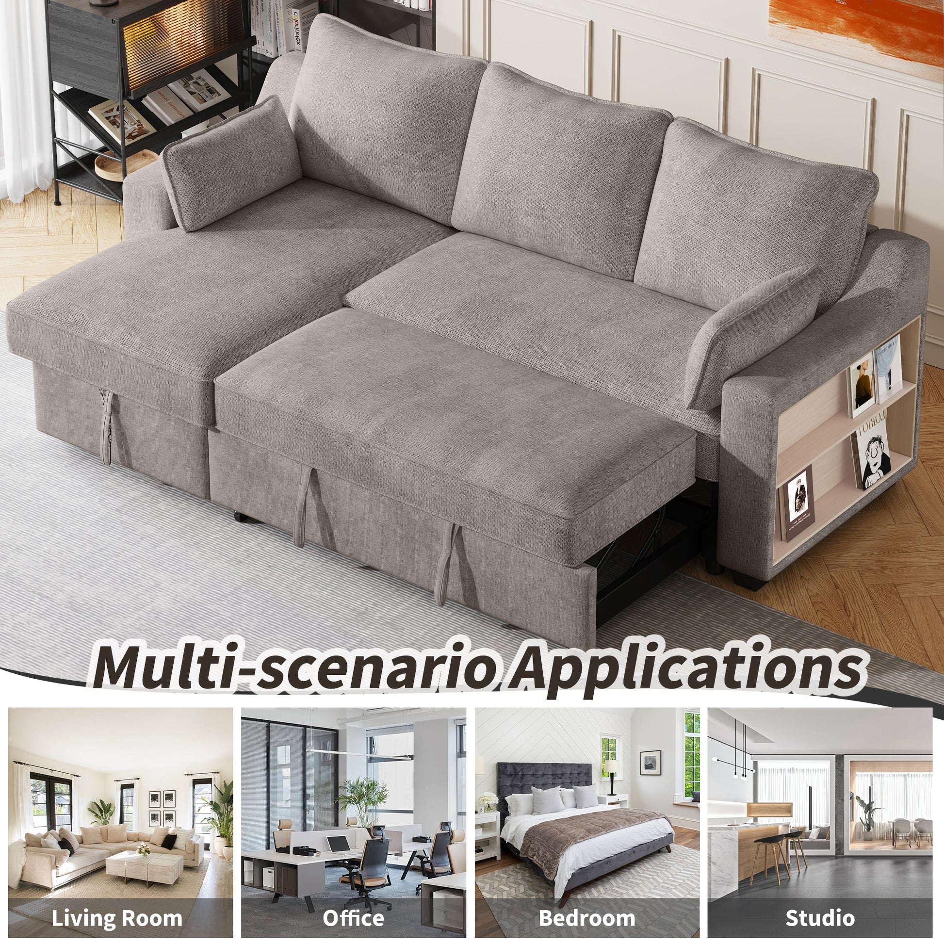 90" Pull Out Sleeper Sofa L Shaped Couch Convertible Sofa Bed With Storage Chaise, Storage Racks And Usb Ports, Light Brown Light Brown Foam Polyester 3 Seat