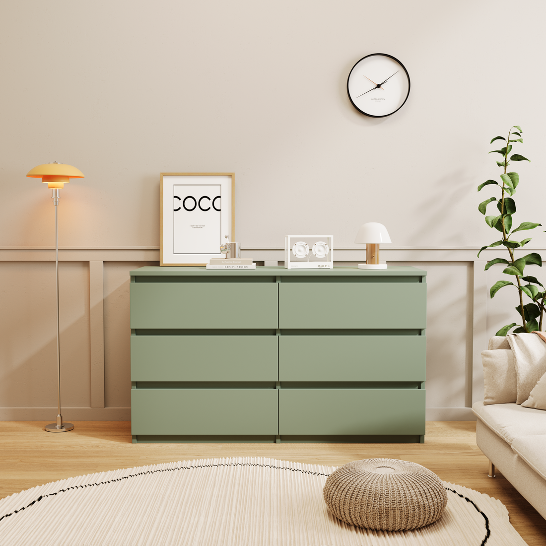 Green Large 6 Drawers Chest Of Drawer Dressers Table Sliding Green Gray Drawer 5 Drawers & Above Bedroom Extra Deep Drawers 6 Corner White Particle Board