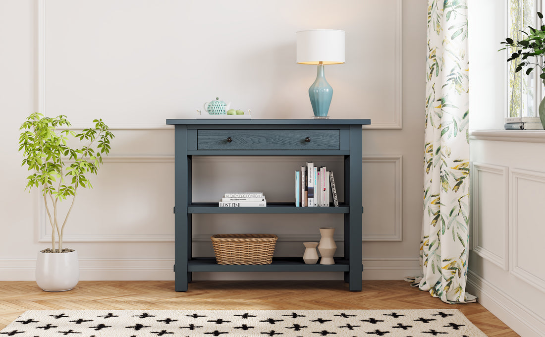 Retro Console Table With Drawer And Two Sturdy Shelves For Entryway, Living Room Navy Navy Mdf,Rubber Wood