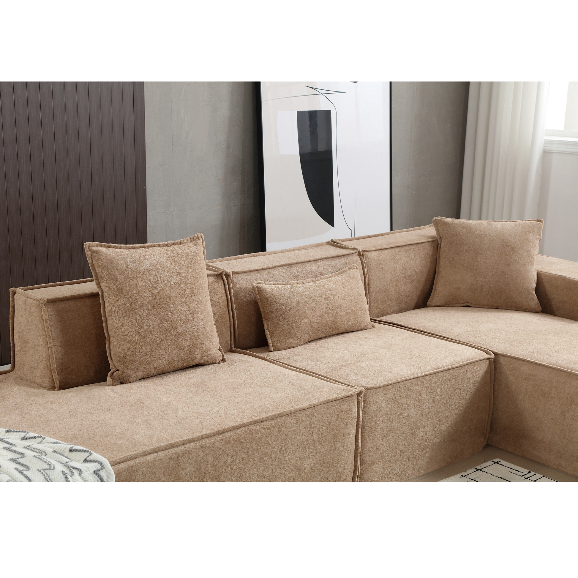 Modular Combination Sofa Set, Modern Minimalist Sofa, Free Installation Sofa, L Shaped, Italian Minimalist Tofu Block Sofa, Right Hand Facing,Terrycloth Fabric,Light Brown Light Brown Polyester Primary Living Space Soft Modern Polyester 3 Seat