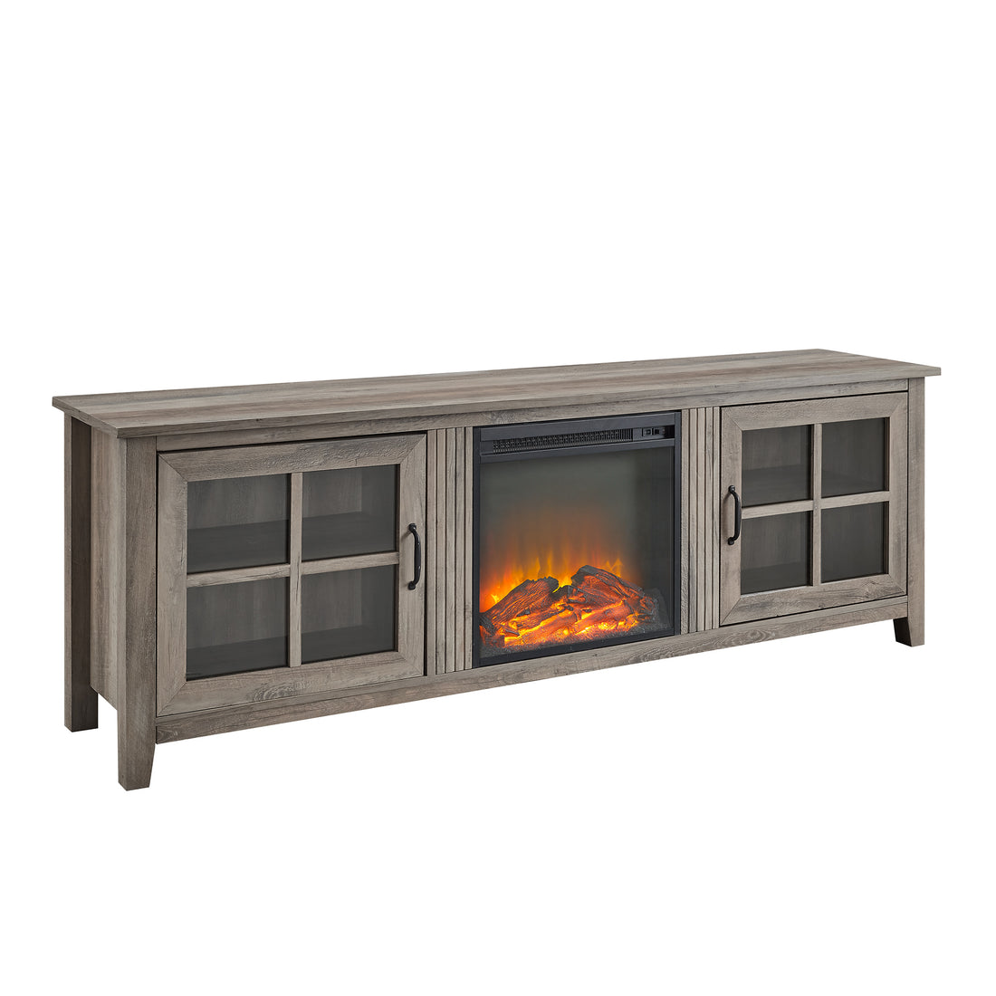 Modern Farmhouse 2 Door Glass Windowpane 70" Fireplace Tv Stand For 80" Tvs Grey Wash Gray Wash Mdf