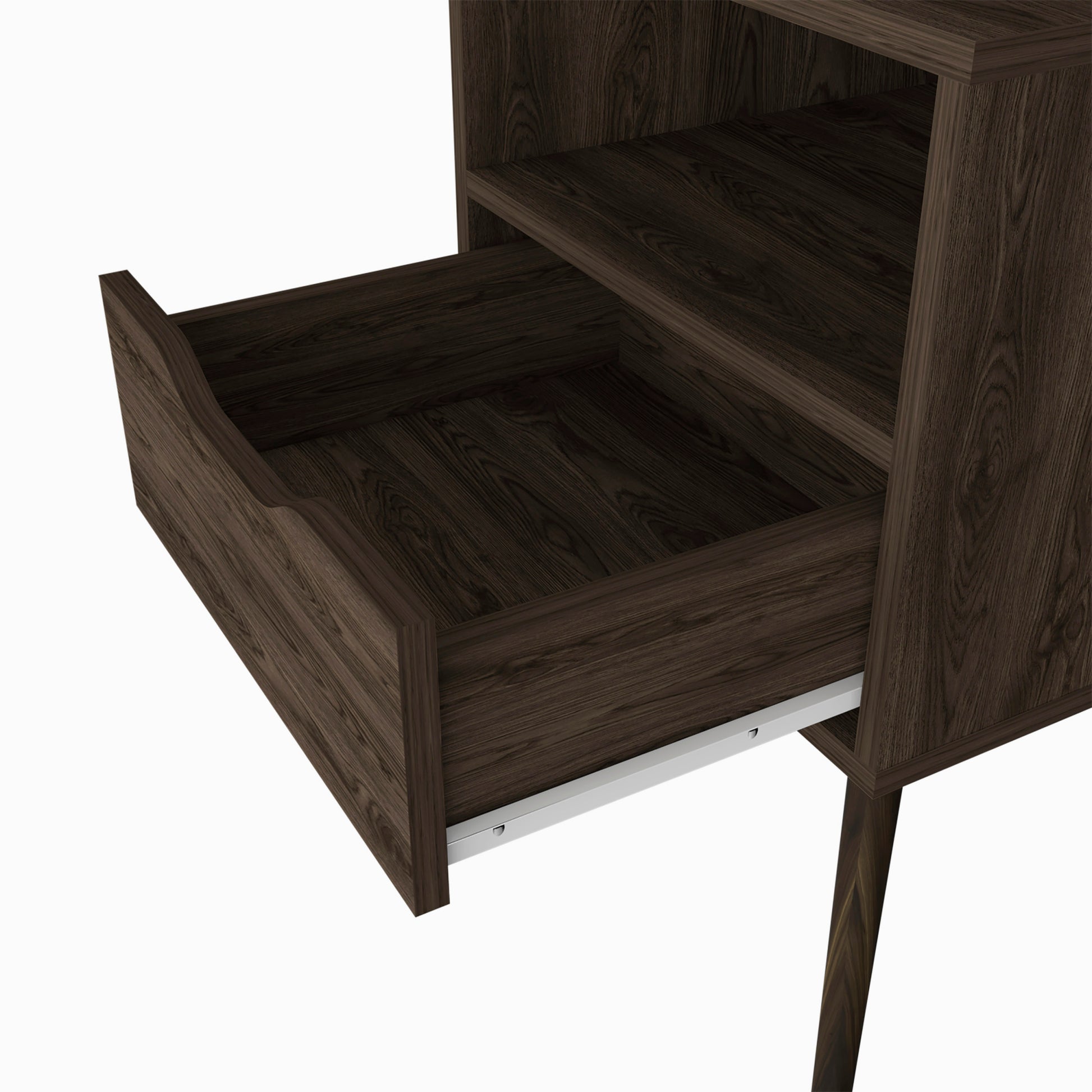 Nightstand 25"H, Superior Top, Four Legs, One Open Shelf, One Drawer, Dark Walnut Brown Particle Board Particle Board