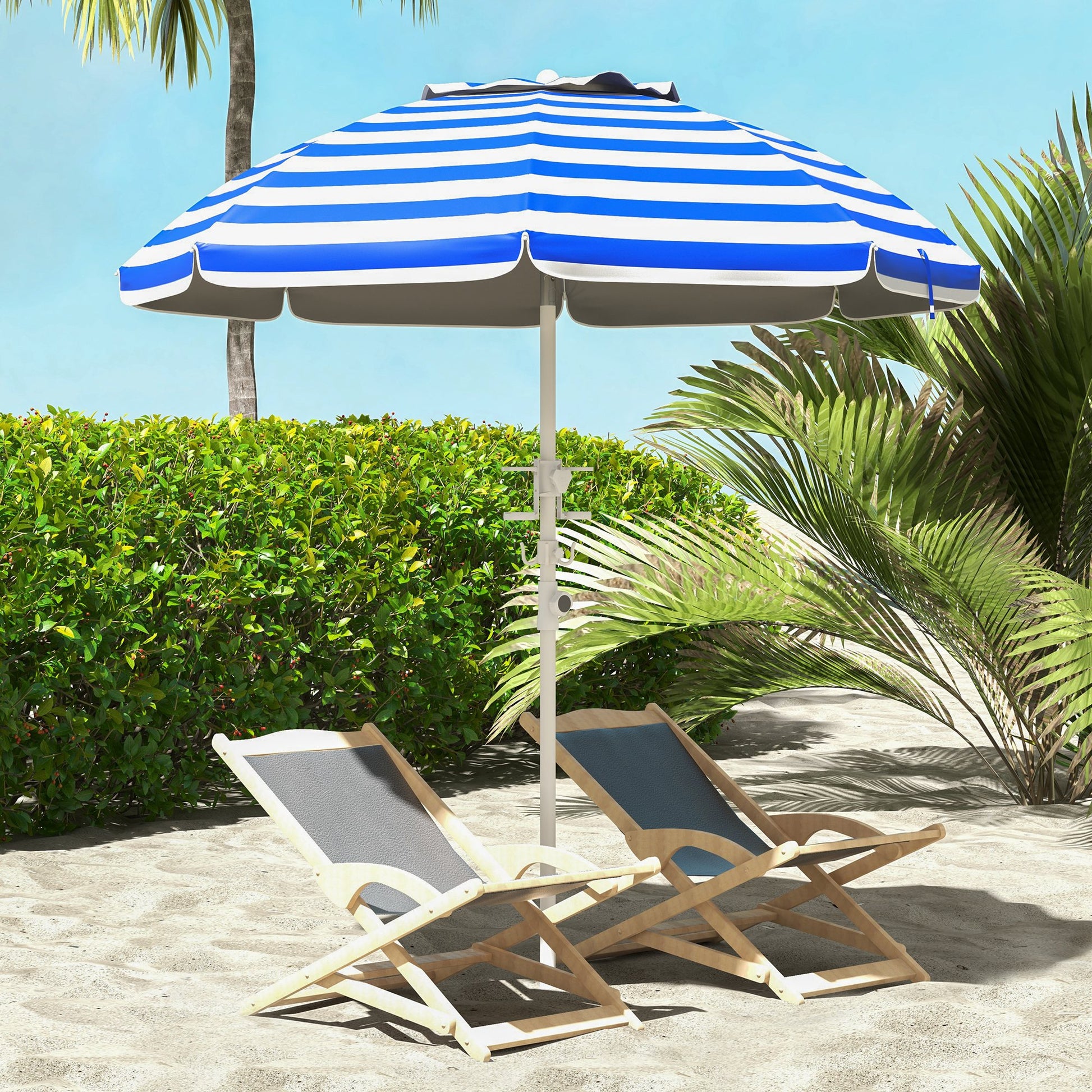 Outsunny 5.7' Portable Beach Umbrella With Tilt, Adjustable Height, 2 Cup Holders & Hooks, Uv 40 Ruffled Outdoor Umbrella With Vented Canopy, Blue White Stripe Colorful Polyester