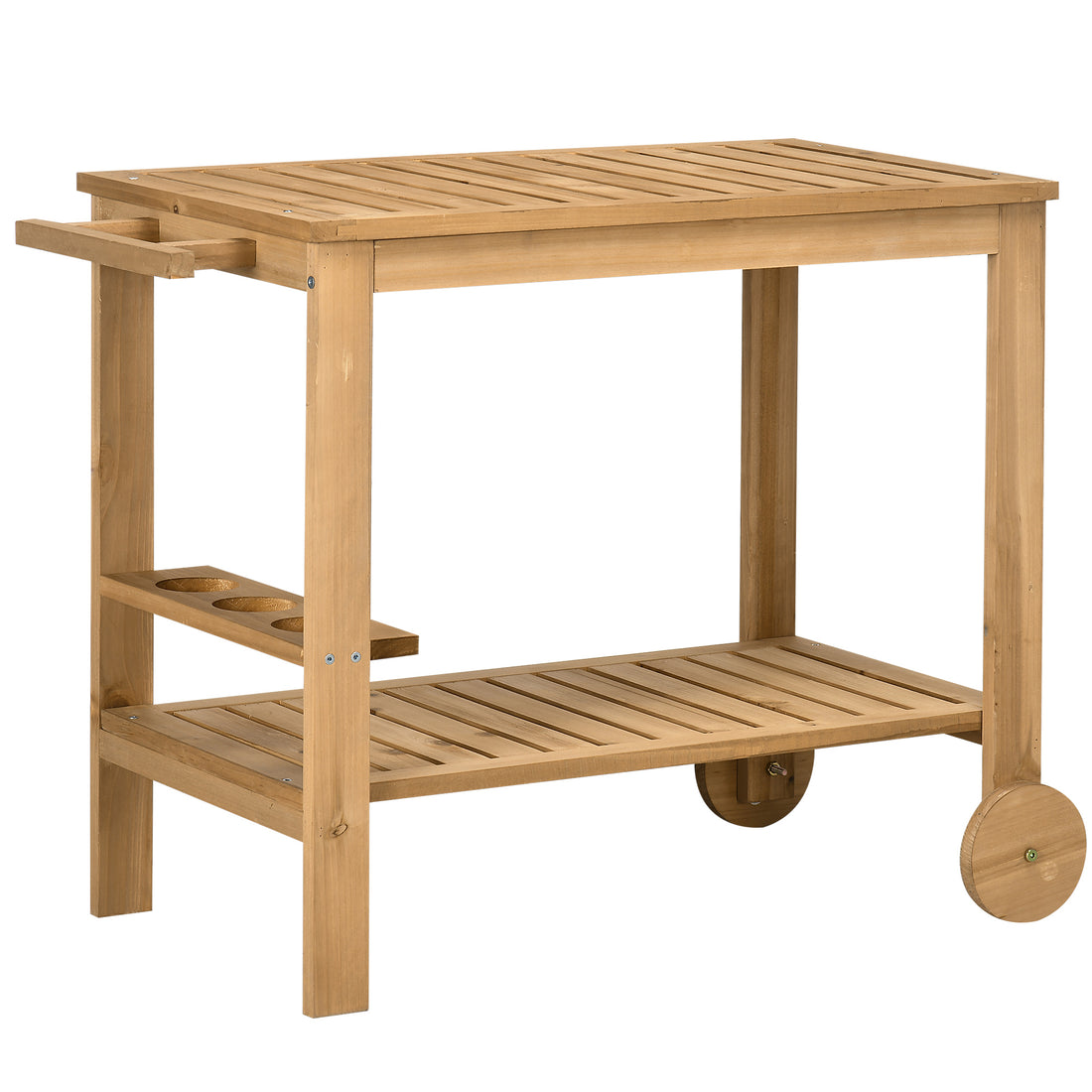 Outsunny Outdoor Bar Cart, Wood Rolling Home Bar & Serving Cart With 2 Shelves, Wine Bottle Holders For Garden, Dining Room, Natural Natural Wood
