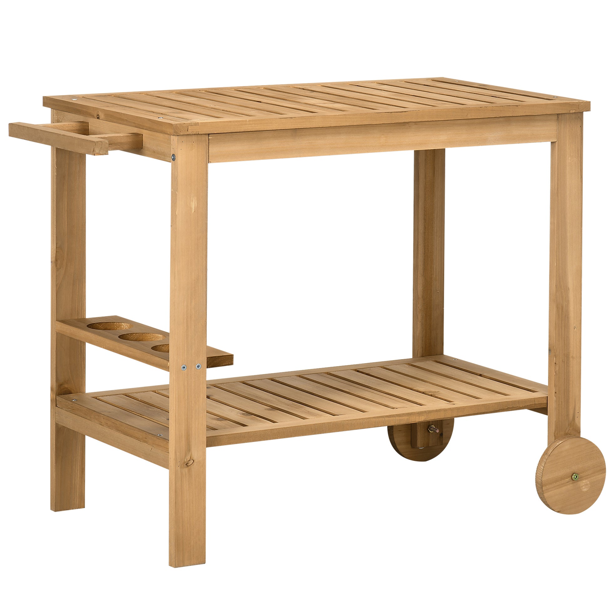 Outsunny Outdoor Bar Cart, Wood Rolling Home Bar & Serving Cart With 2 Shelves, Wine Bottle Holders For Garden, Dining Room, Natural Natural Wood
