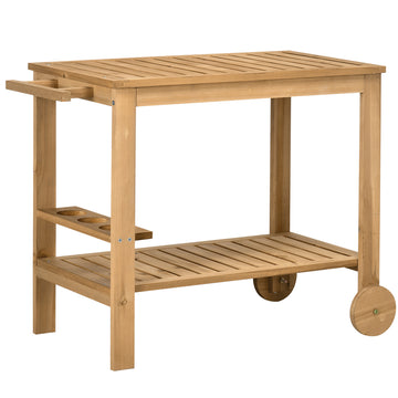 Outsunny Outdoor Bar Cart, Wood Rolling Home Bar & Serving Cart With 2 Shelves, Wine Bottle Holders For Garden, Dining Room, Natural Natural Wood