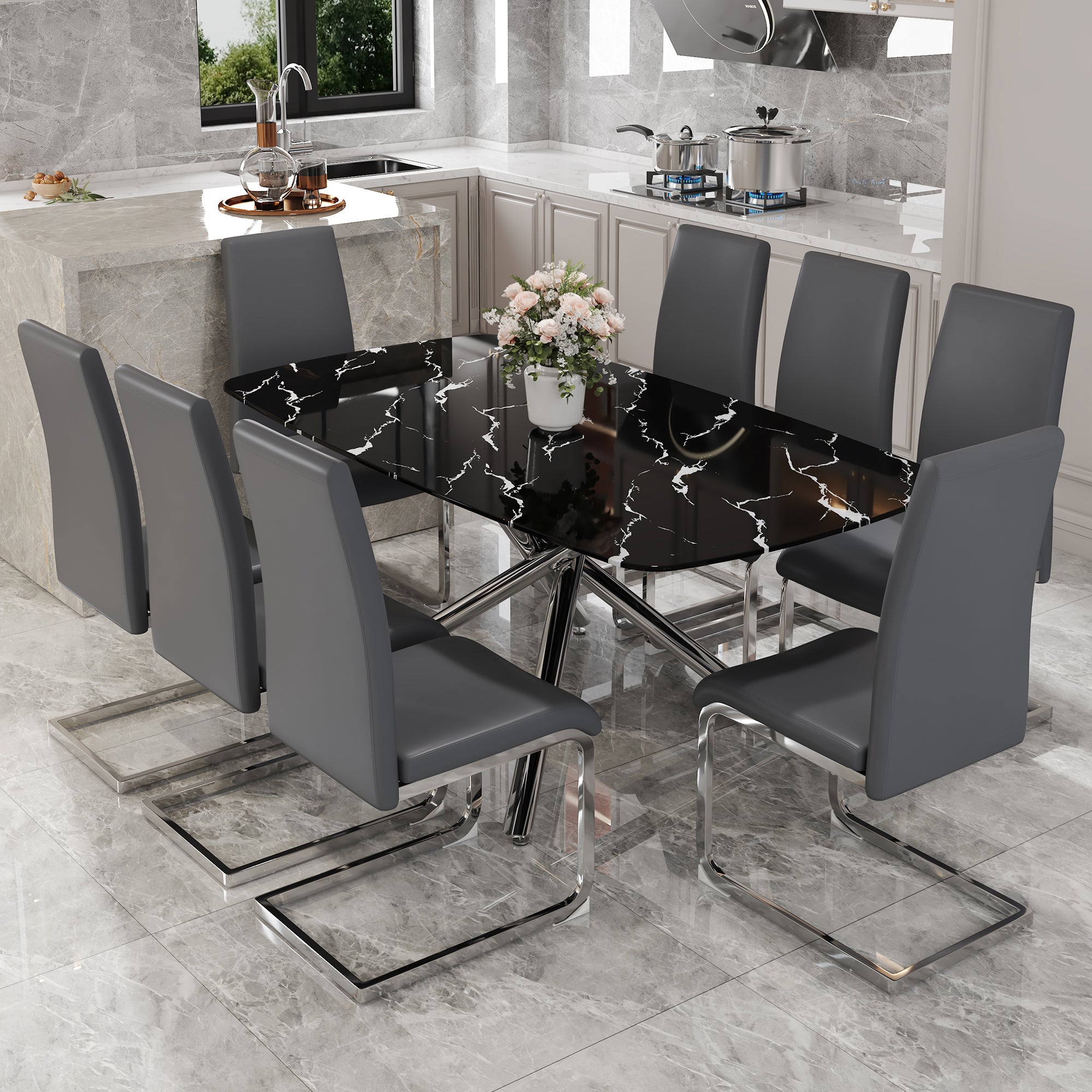 Table And Chair Set, Large Modern Minimalist Rectangular Dining Table, 0.39 Inch Black Imitation Marble Tabletop And Silver Metal Legs, Soft Leather Seats. F 1537 Silver Glass Metal