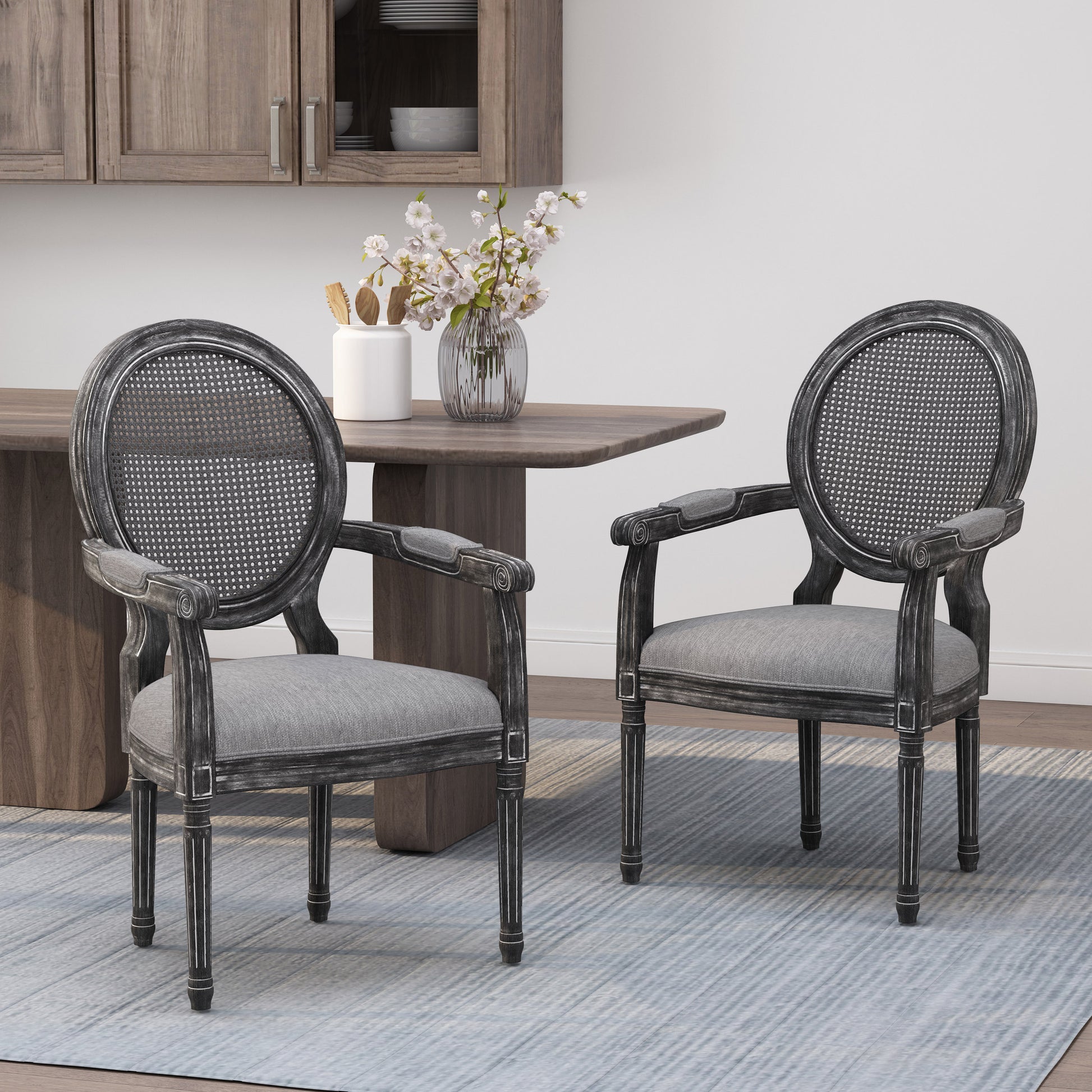 Wood And Cane Upholstered Dining Chair Set Of 2 Grey Rattan