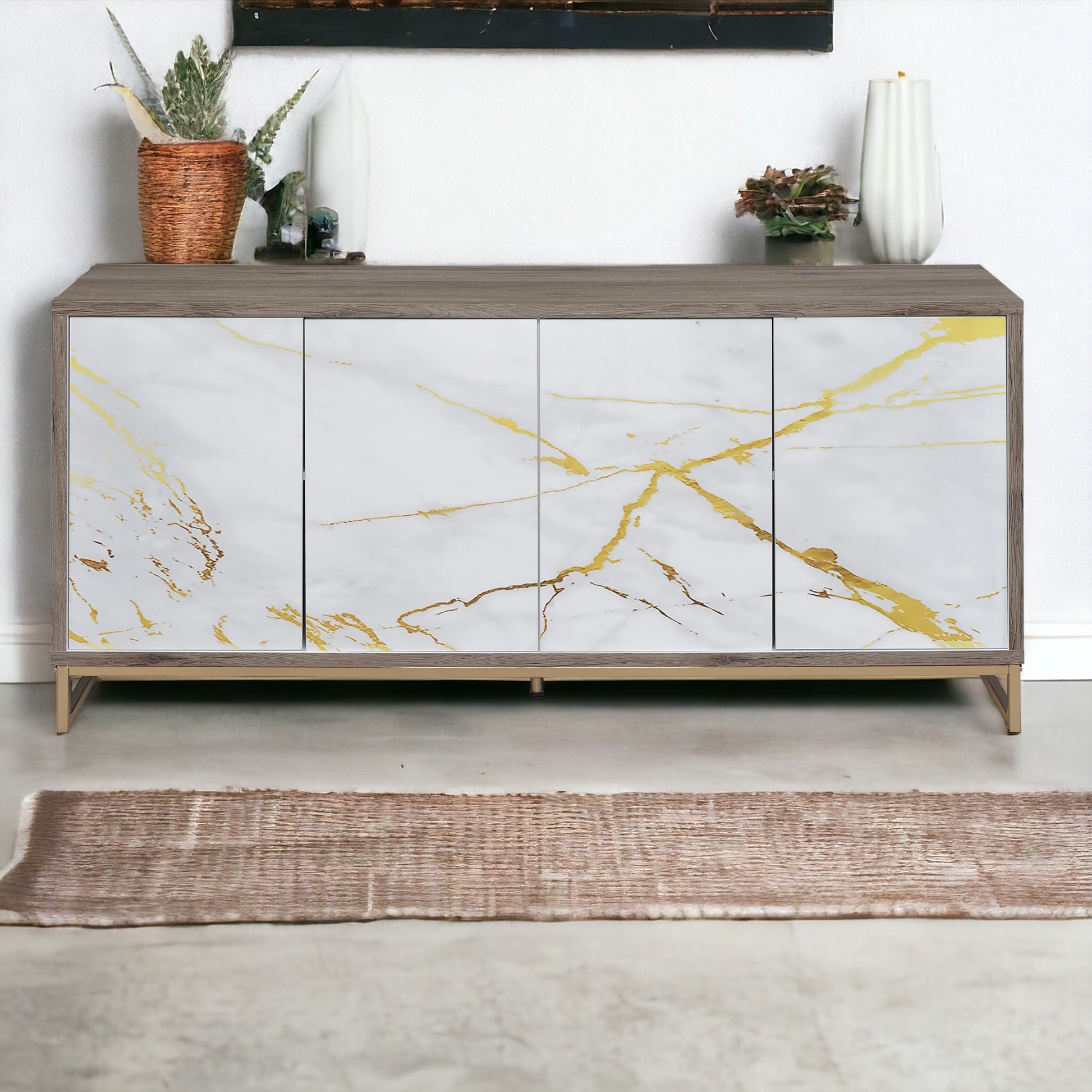 Paavan Console Cabinet, White Marble Paint, Oak & Champagne Ac02343 Oak Metal