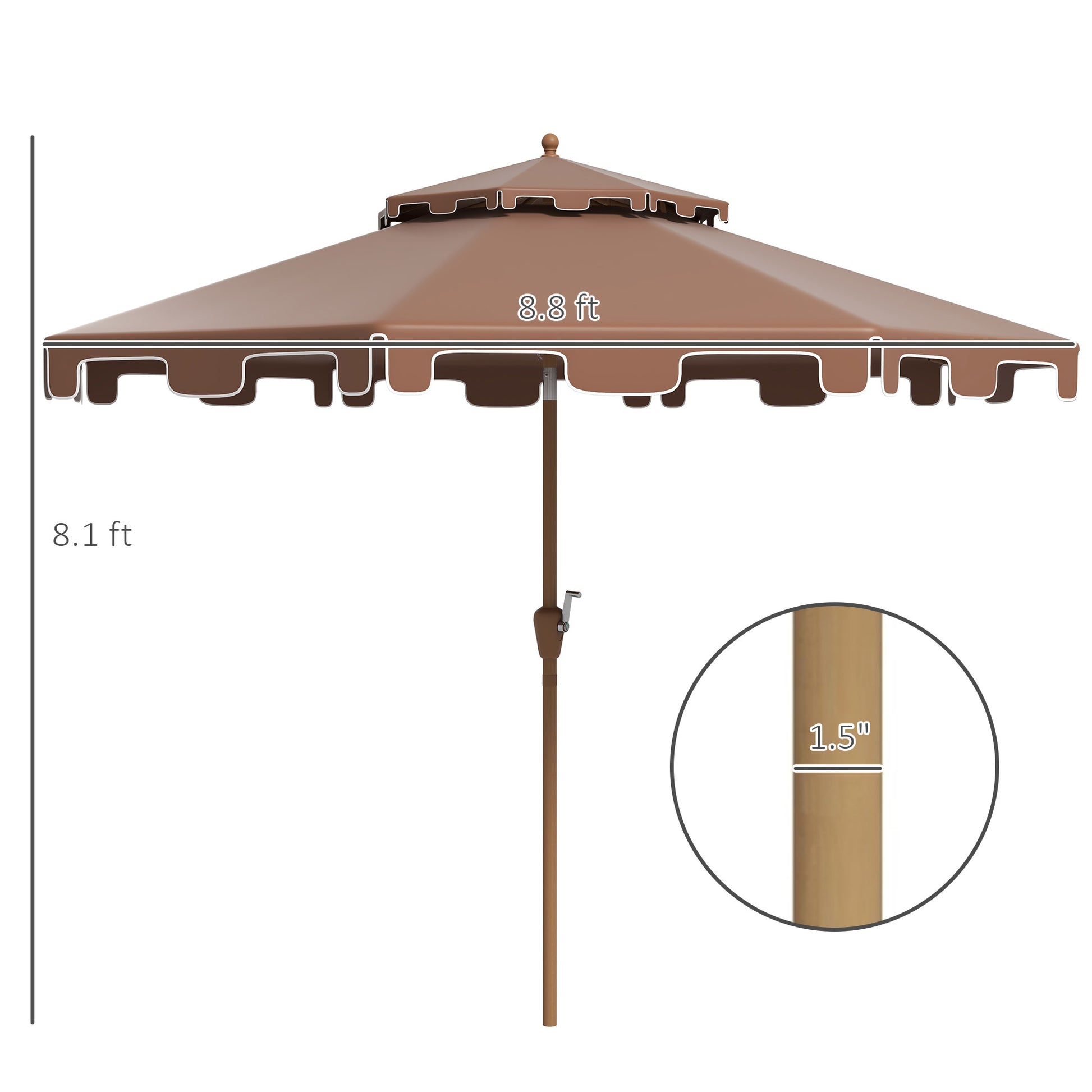 Outsunny 9' Patio Umbrella With Push Button Tilt And Crank, Double Top Ruffled Outdoor Market Table Umbrella With 8 Ribs, For Garden, Deck, Pool, Brown Brown Polyester