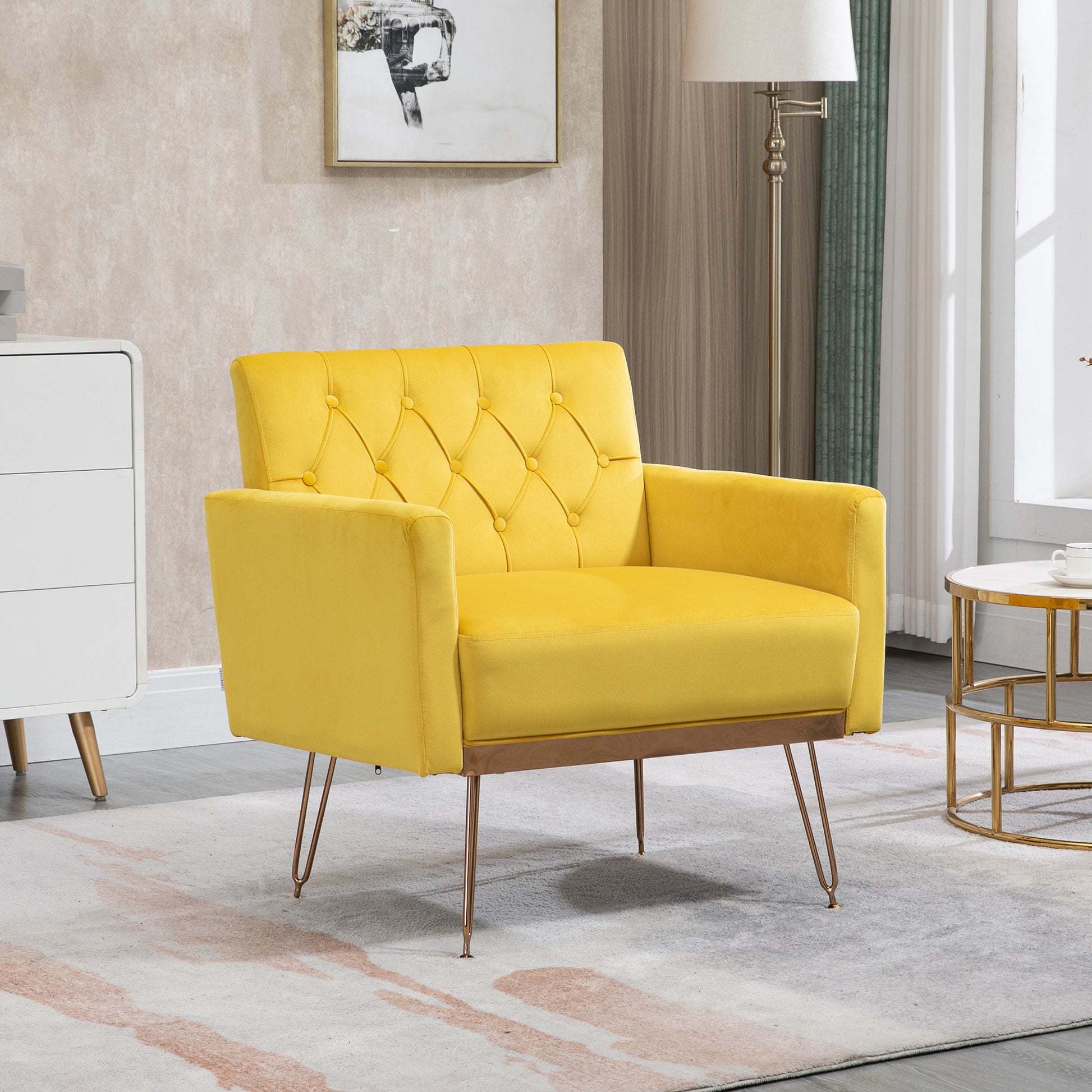Coolmore Velvet Armchair Single Sofa Modern Tufted Upholstered Side Reading Chairs With Arm And Gold Metal Leg For Living Room Bedroom Mustard Mustard Foam Velvet