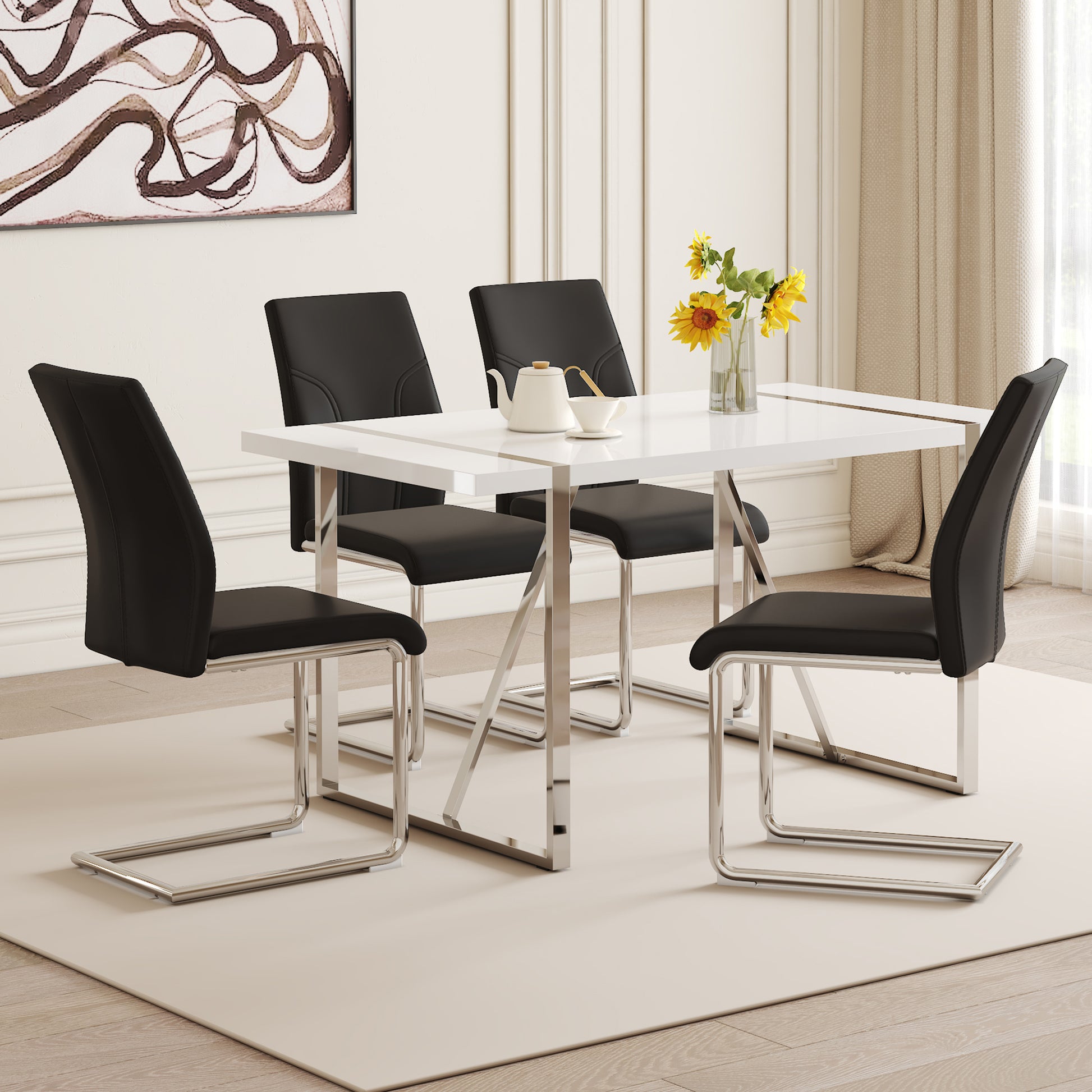 Table And Chair Set.55"X31.5" White Mdf Painting Dining Table Set With 4 Black Pu Chairs.Showcasing A Modern And Stylish Look.Suitable For Dining Room.Mdf Painting,Iron Pipe Plating,Pu Chiairs.