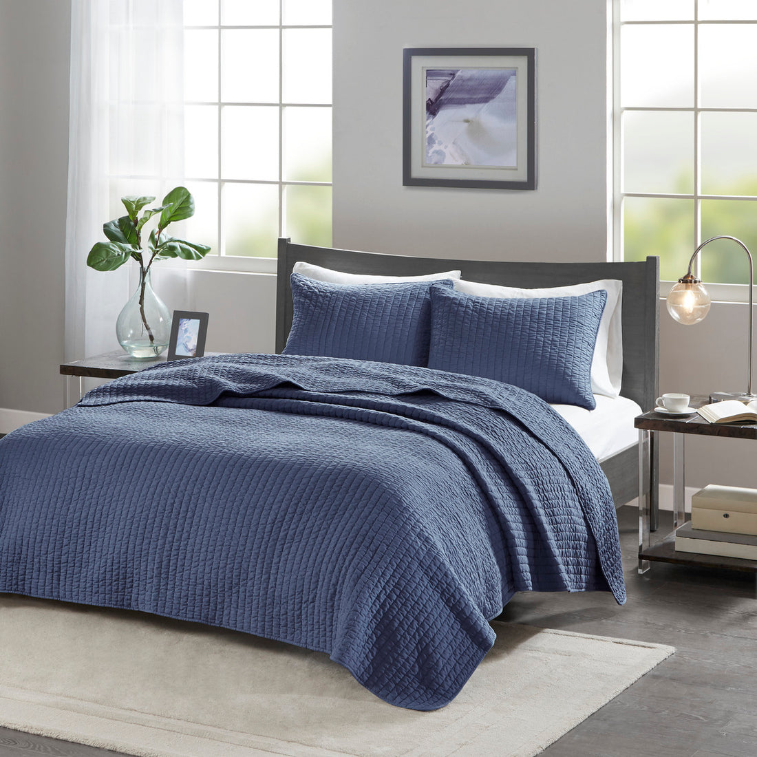 3 Piece Quilt Set Navy King Cal King King Navy Polyester