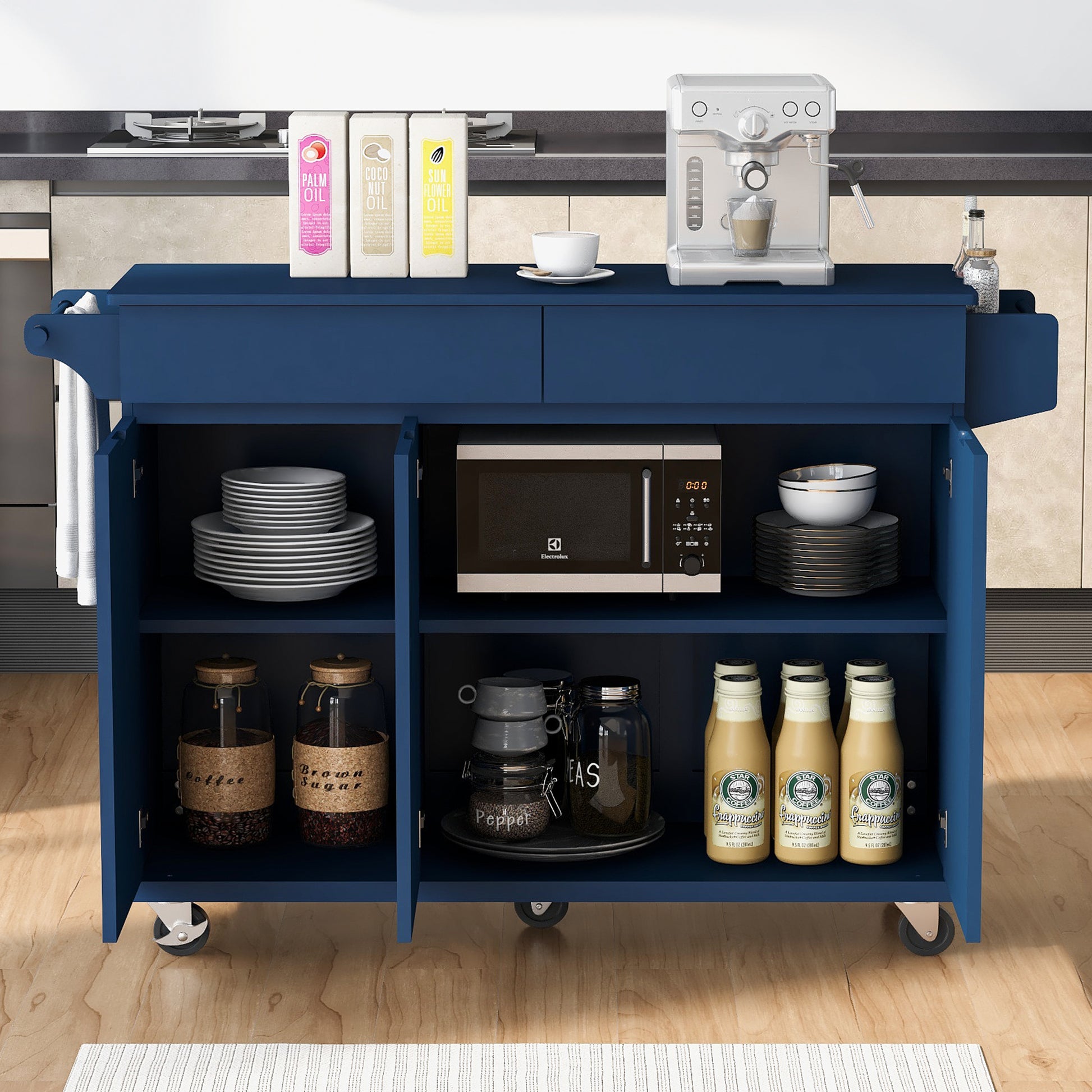 K&K 53.2'' Kitchen Island With Drop Leaf, Kitchen Storage Cart With Spice Rack, Towel Rack And 2 Drawers, Rolling Kitchen Island On Wheels With Adjustable Shelves For Kitchen, Dining Room, Navy Blue Navy Blue Brown Kitchen