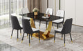 Table And Chair Set.Modern Rectangular Dining Table With Black Textured Stickers Glass Tabletop And Gold Plated Metal Legs.Paried With 6 Comfortable Chairs With Pu Seats And Black Metal Legs. Black