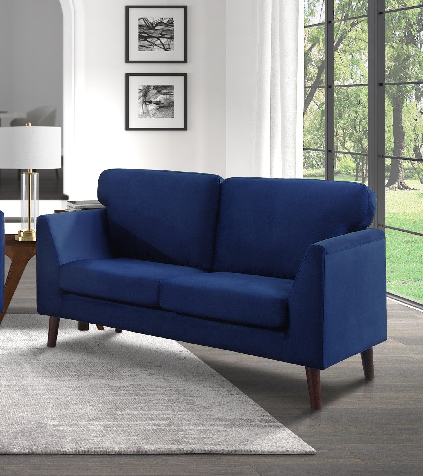 Modern Contemporary Living Room 1Pc Loveseat Blue Velvet Upholstery Dark Brown Legs Solid Wood Furniture Blue Velvet Wood Primary Living Space Modern Solid Wood