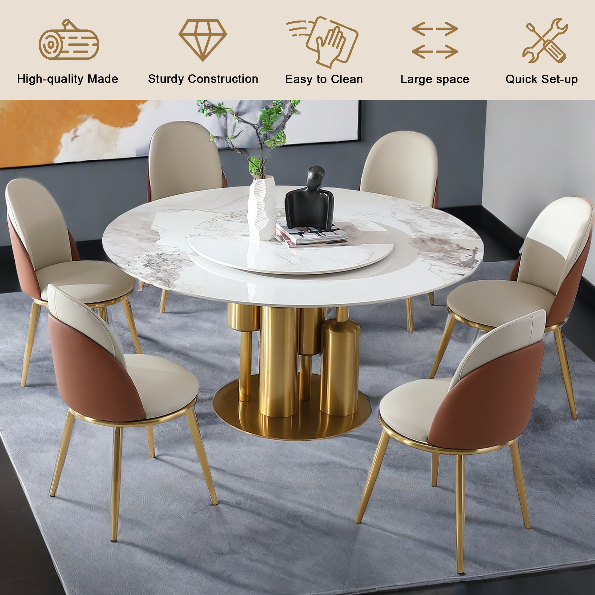 Modern Marble Dining Table, 59" Round Sintered Stone Table For Dining Room, Kitchen, Dinette, Compact Space With Lazy Susan 6 Chairs Gold,White Dining Room American Design,Luxury,Modern Tabeltop