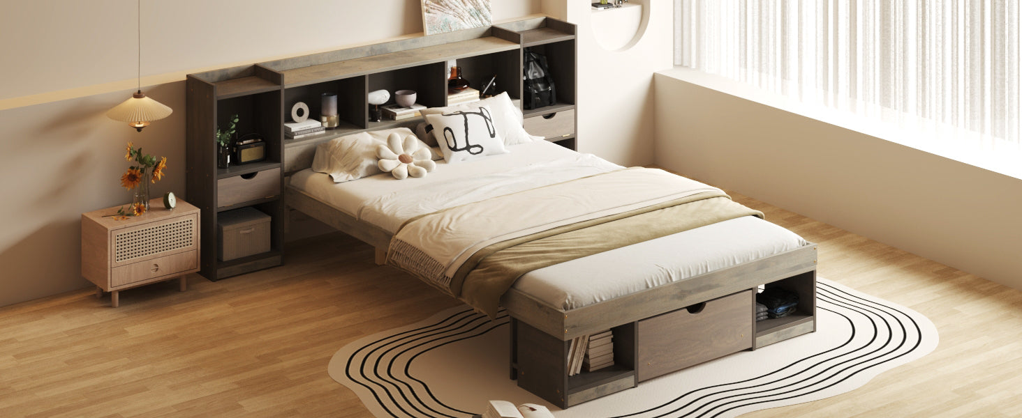 Queen Size Wood Platform Bed With Multi Storage Headboard And A Drawer, Gray Box Spring Not Required Queen Gray Wood Bedroom Bed Frame Solid Wood Mdf