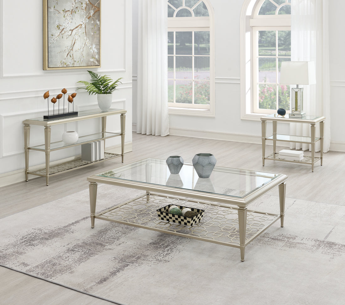 Zaba Sofa Table, Glass & Champagne Finish Lv02787 Champagne Glass Metal