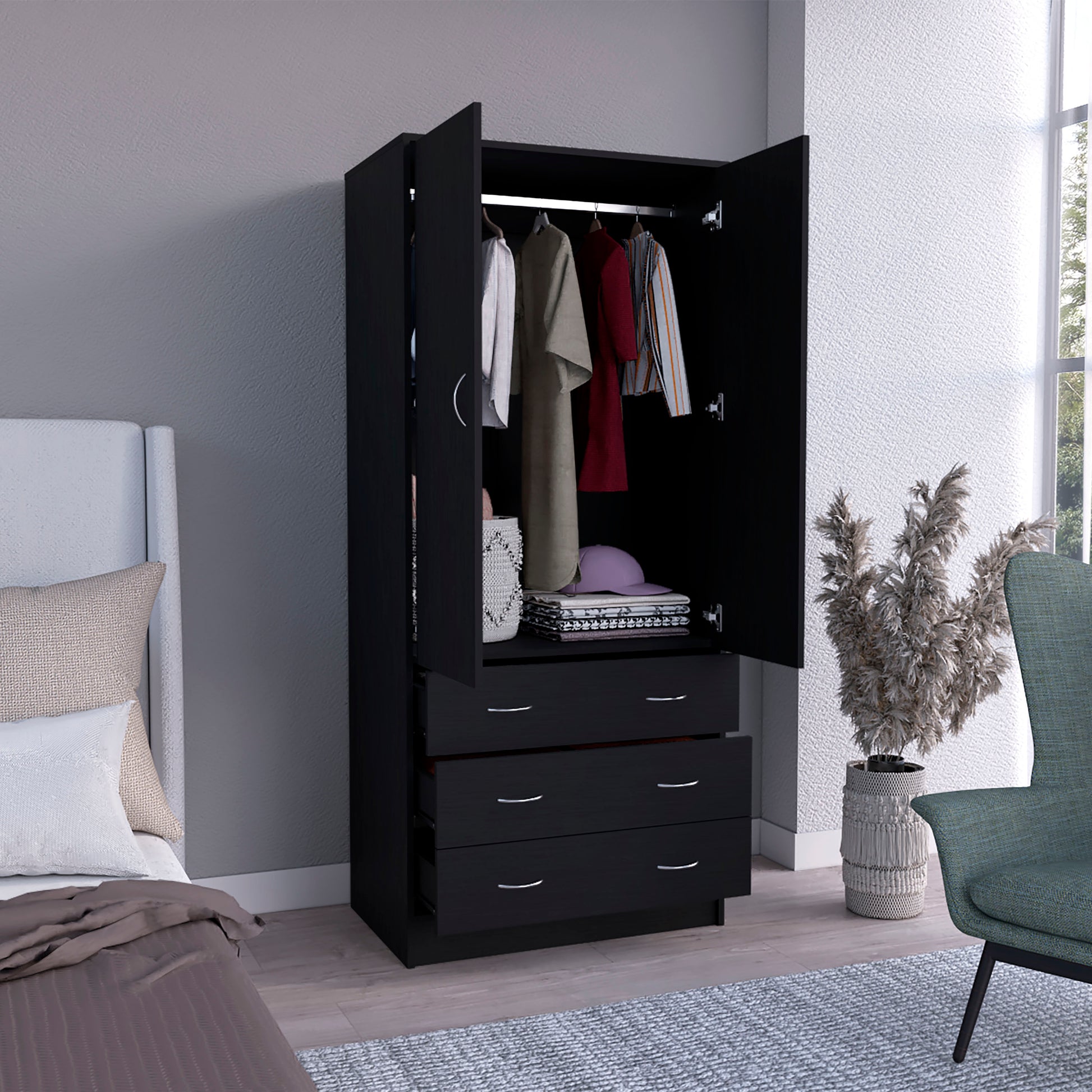 Taly Double Door Armoire Black Black Bedroom Modern Particle Board