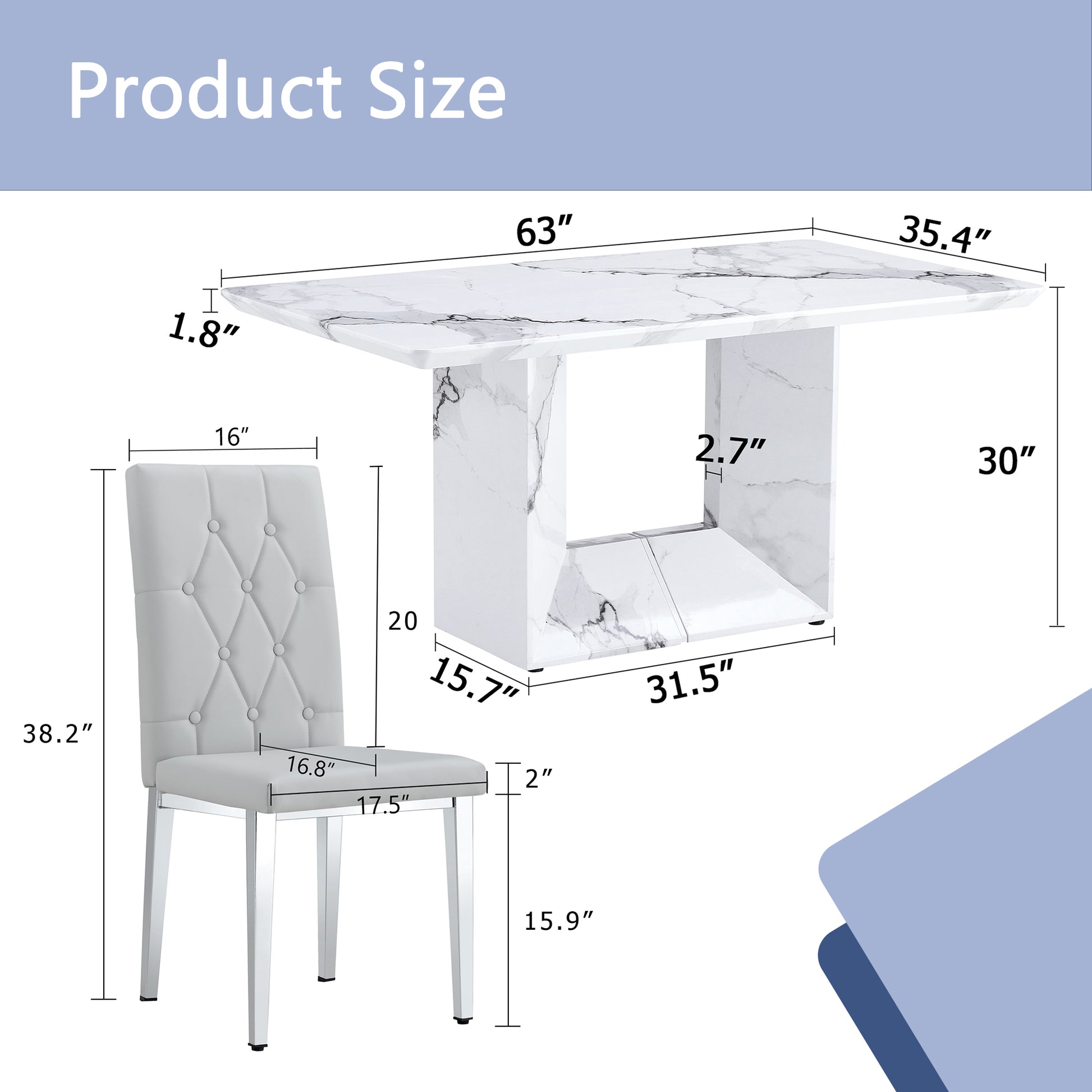 Table And Chair Set.63"X35.4" White Marble Patterned Mdf Dining Table Set With 6 Armless Light Gray Pu Chairs.Showcasing A Modern And Stylish Look. Light Gray,White Seats 6 Mdf Metal