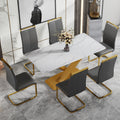 Table And Chair Set, The Table Is Equipped With A Marble Patterned Mdf Tabletop And Gold Table Legs.The Chair Is Equipped With Pu Synthetic Leather High Back Cushion And Gold Coated Metal Legs. Grey Gold Seats 6 Mdf Metal