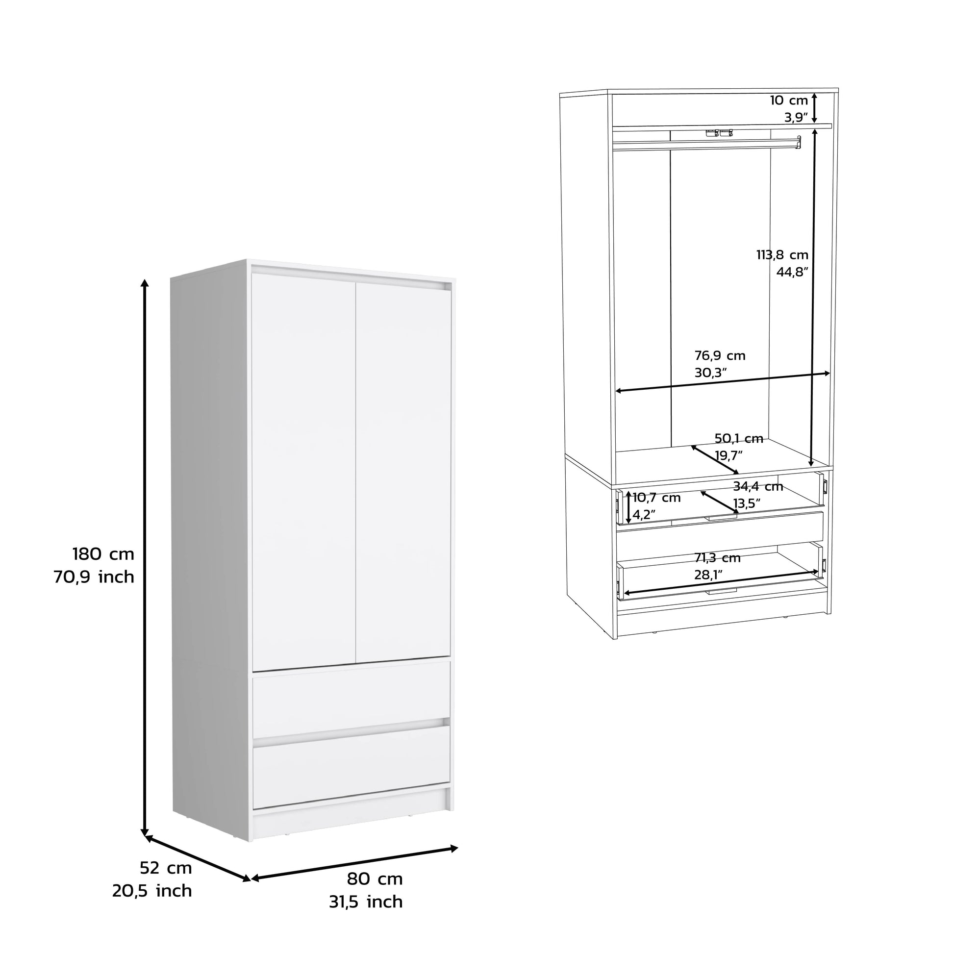 Armoire, Wardrobe Closet With Two Drawers,Hanging Rod, White White Solid Wood Mdf Engineered Wood