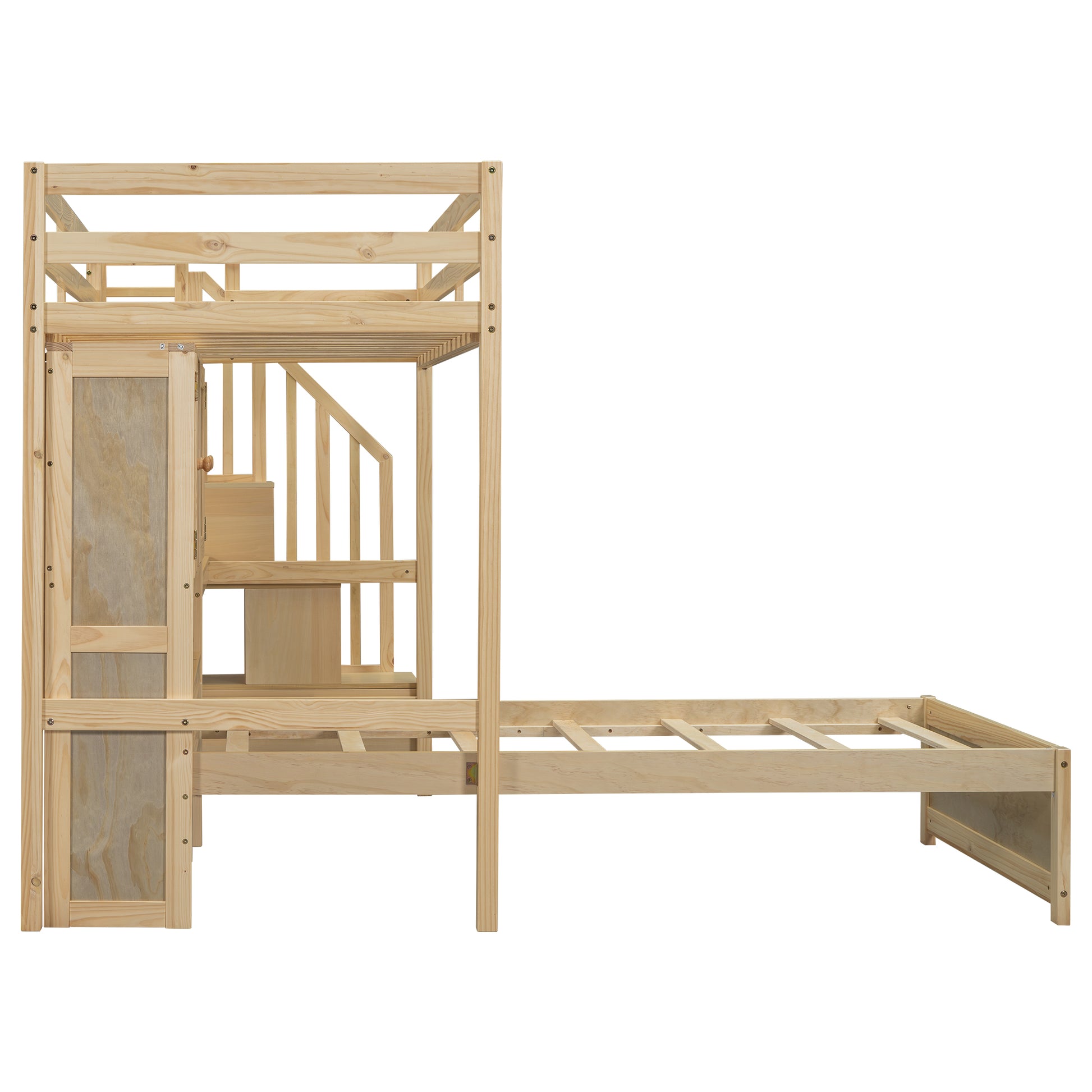 Twin Over Twin Loft Bed With Built In Desk And Staircase, With Storage Compartments And Shelves, Natural Twin Box Spring Not Required Natural Wood Pine